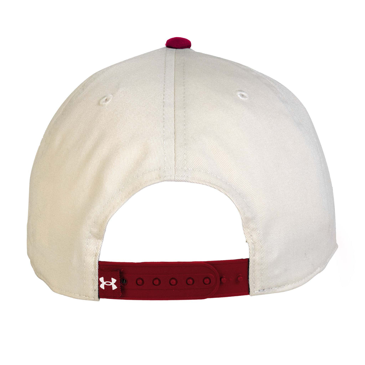 Back view of stone and red Gamecocks Under Armour snapback hat with adjustable closure.