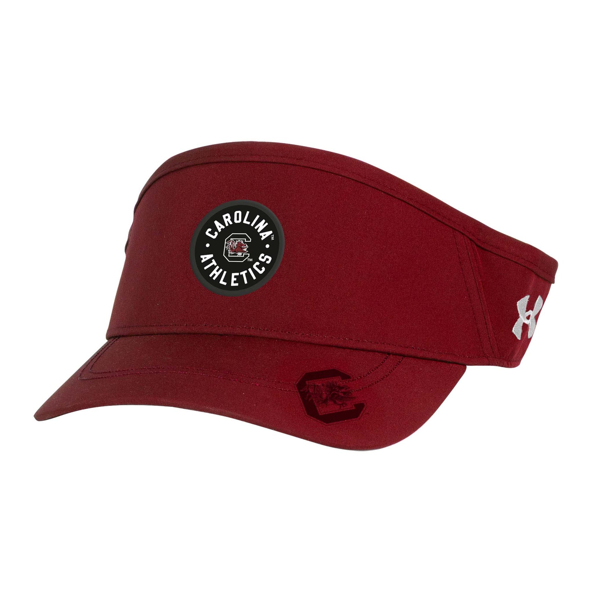 South Carolina Gamecocks cardinal red Under Armour visor with Carolina Athletics patch on the front and Under Armour logo on the side.