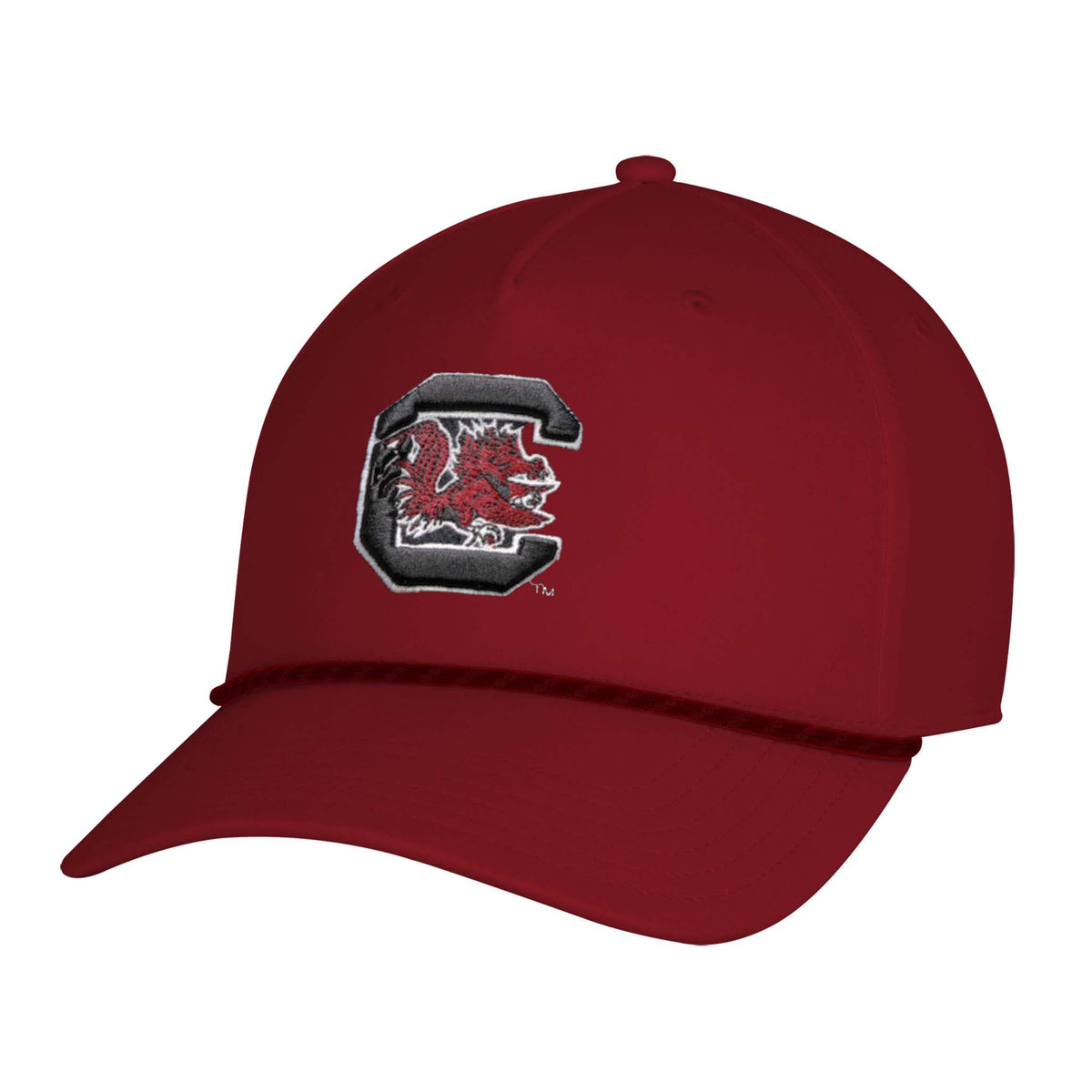 Front angled view of cardinal Under Armour South Carolina Gamecocks hat with embroidered block C and Gamecock logo, accented with a cardinal rope detail.