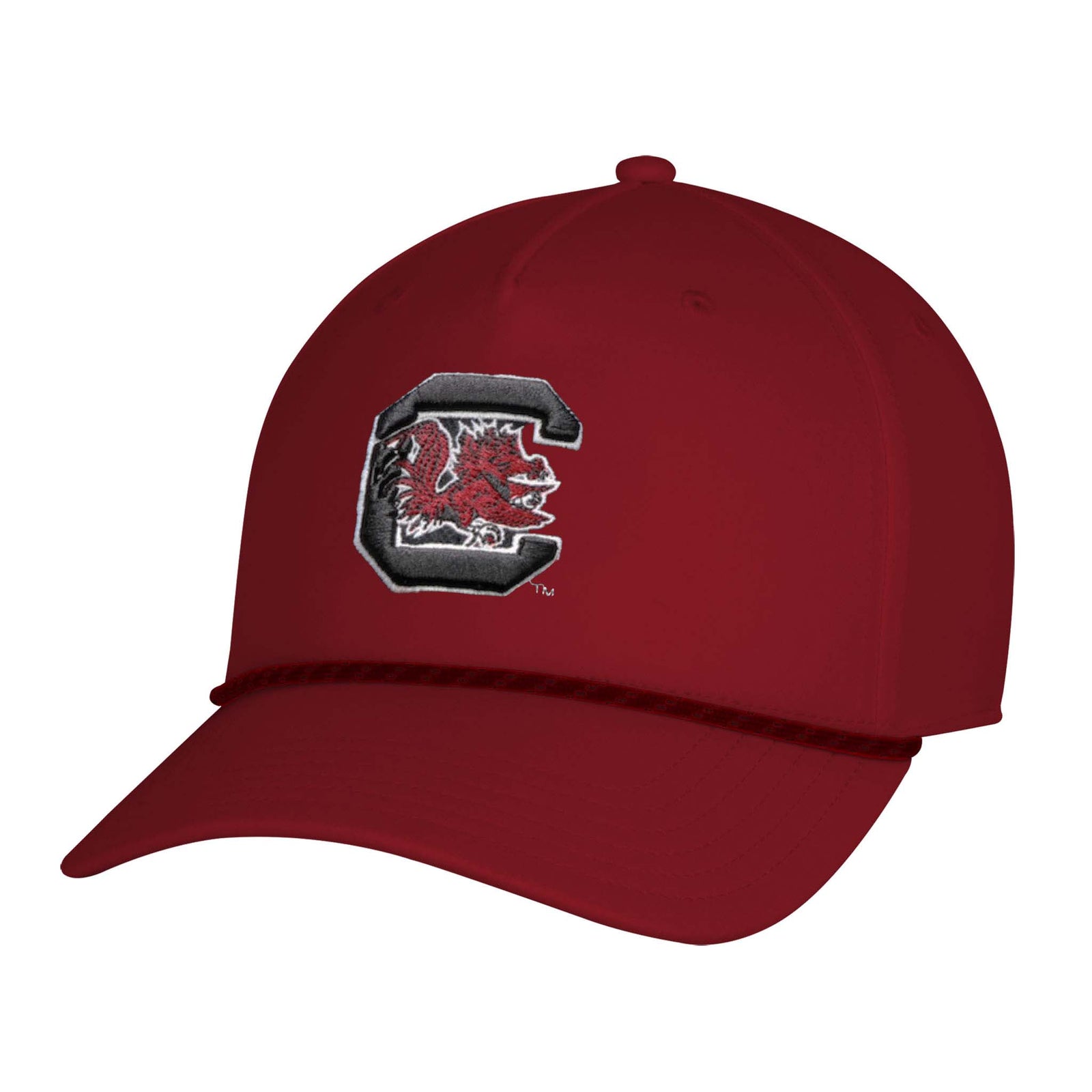 Front angled view of cardinal Under Armour South Carolina Gamecocks hat with embroidered block C and Gamecock logo, accented with a cardinal rope detail.