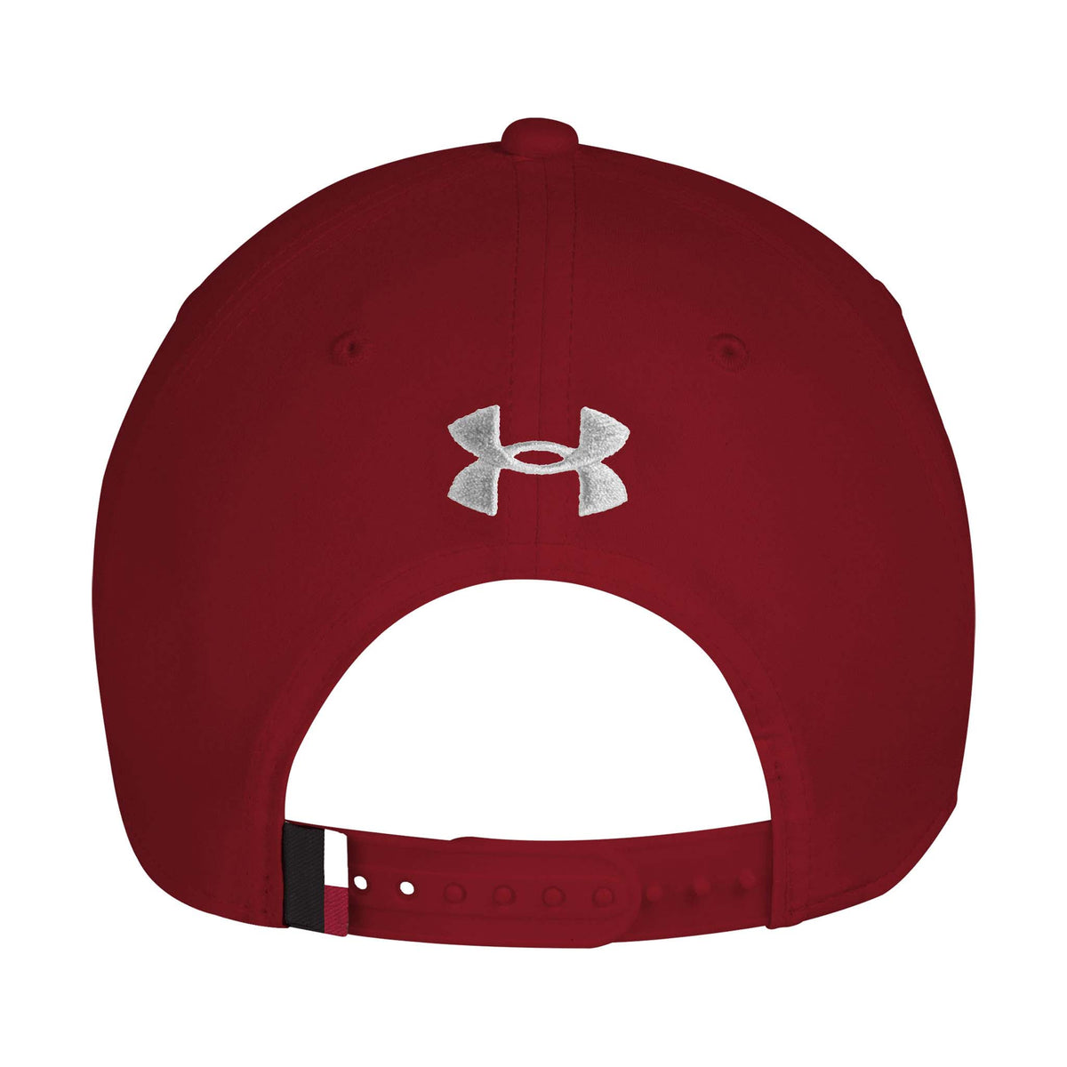 Back view of cardinal Under Armour South Carolina Gamecocks snapback hat with white Under Armour logo embroidered above adjustable strap.