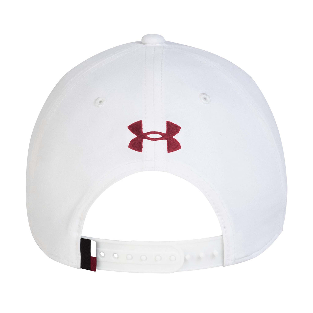 Back view of white Under Armour South Carolina Gamecocks snapback hat with red Under Armour logo embroidered above adjustable strap.