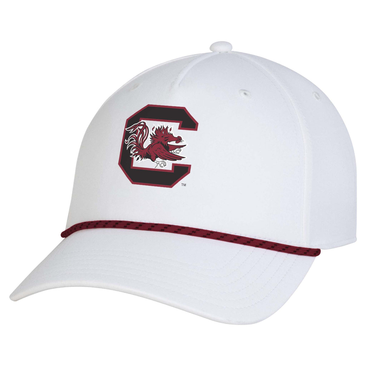 Front angled view of white Under Armour South Carolina Gamecocks hat with embroidered block C and Gamecock logo, accented with a cardinal rope detail.