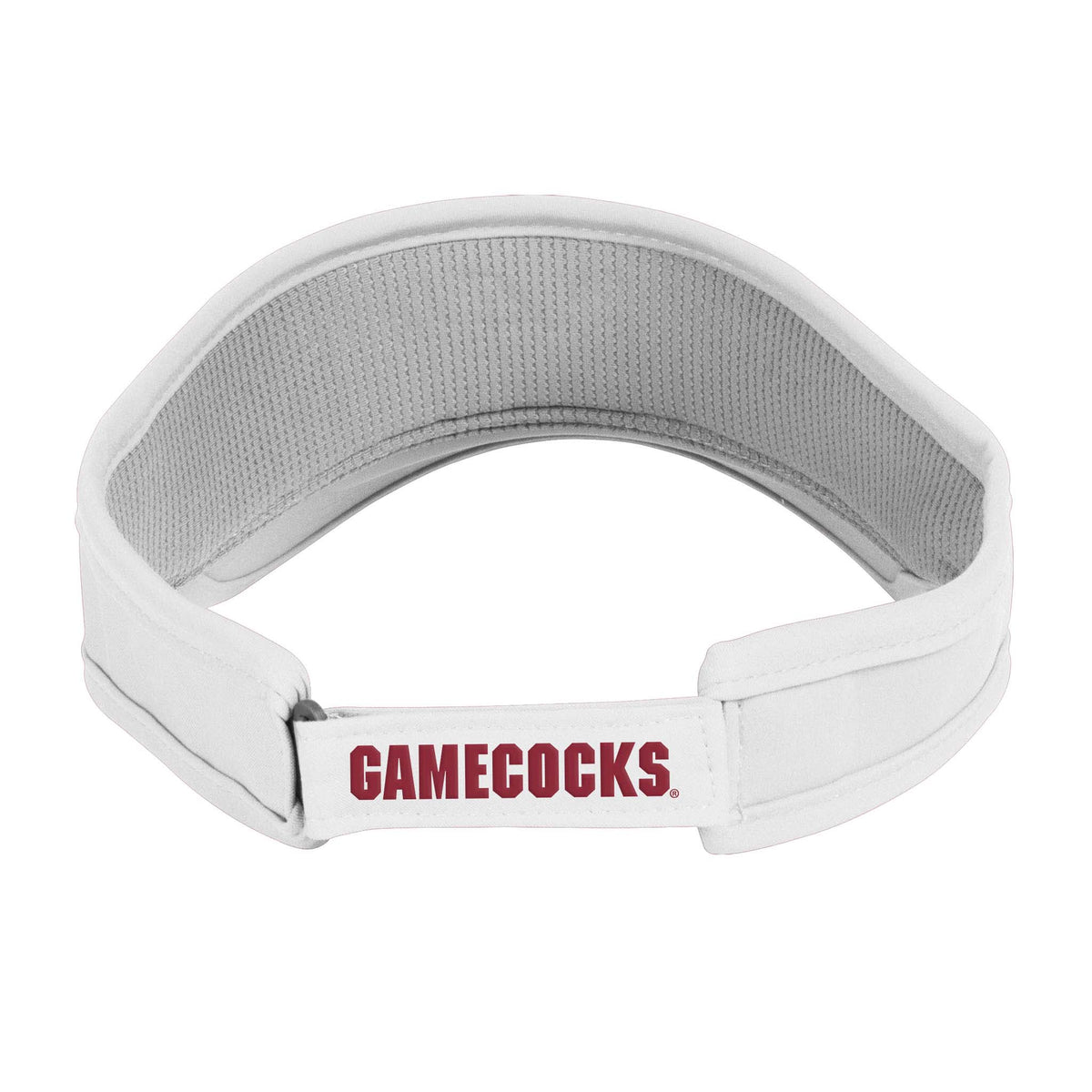 Back view of white Under Armour visor with adjustable strap featuring garnet “GAMECOCKS” text.