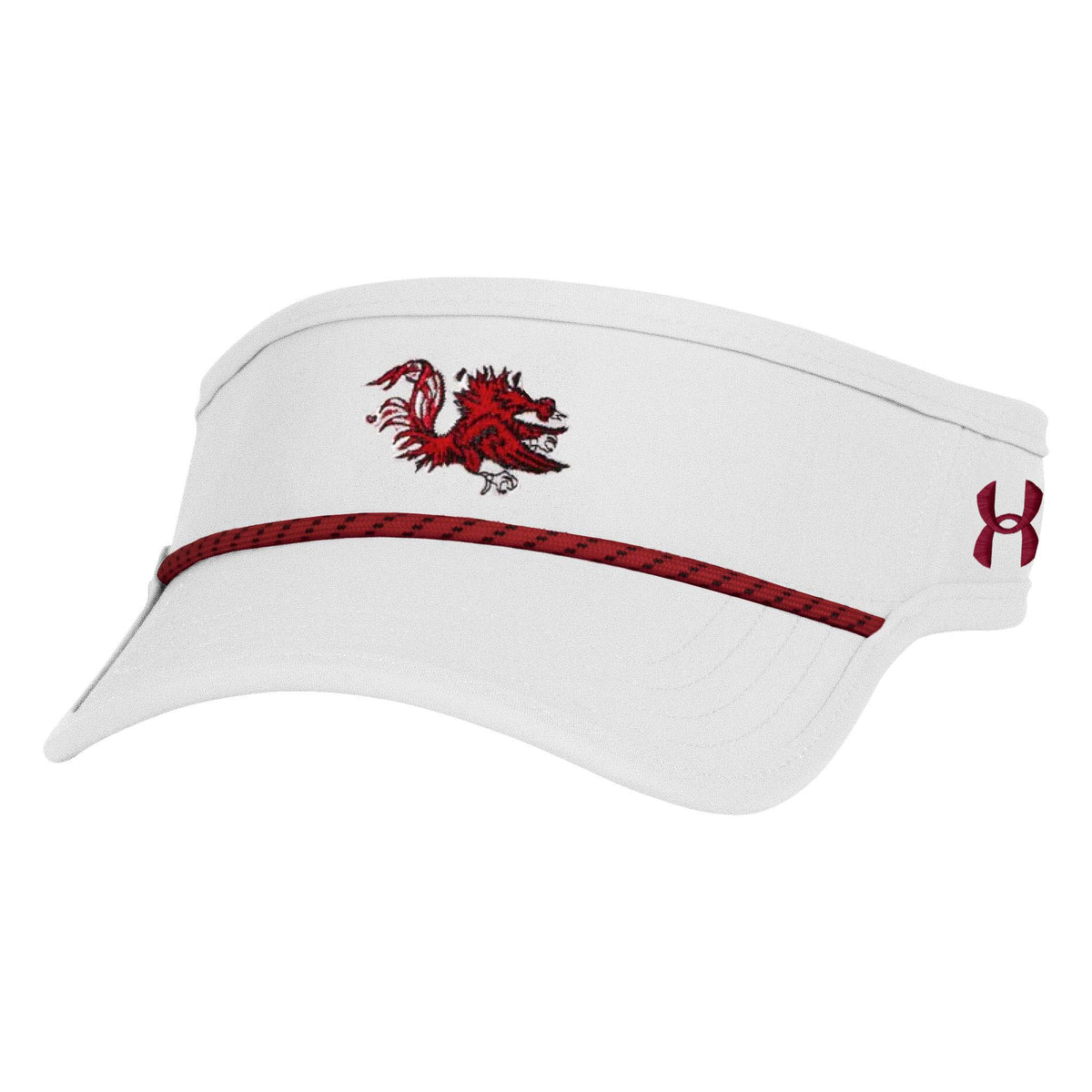 Front view of white Under Armour visor with garnet South Carolina Gamecocks logo and garnet accent stripe across the brim.
