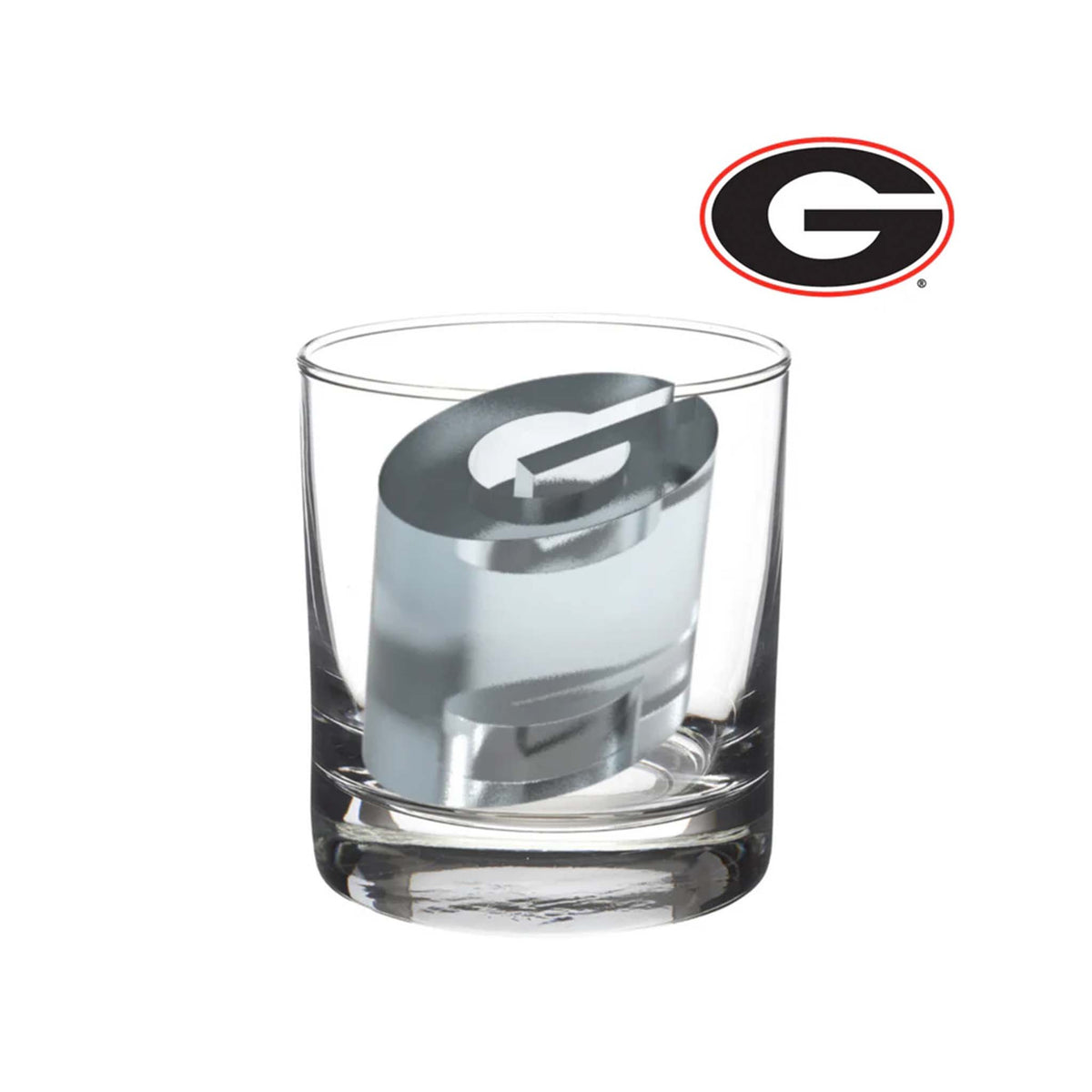 Clear glass with G-shaped ice cube inside, team logo in corner