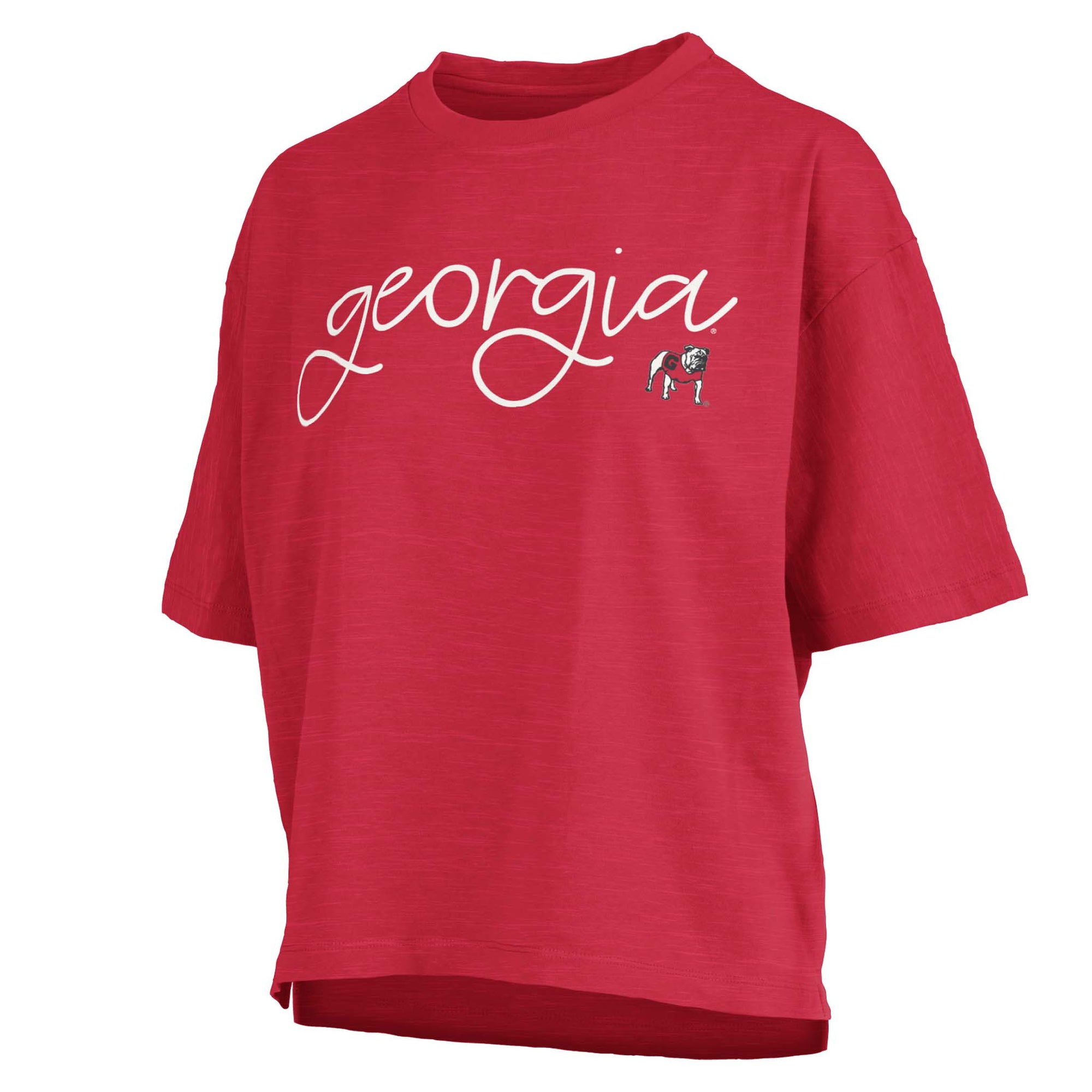 Red Georgia Bulldogs cropped t-shirt with white script “georgia” text and small UGA bulldog mascot graphic on the front.