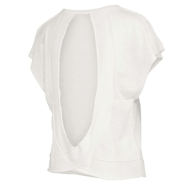 Ivory sleeveless top with an open back shown on a white background