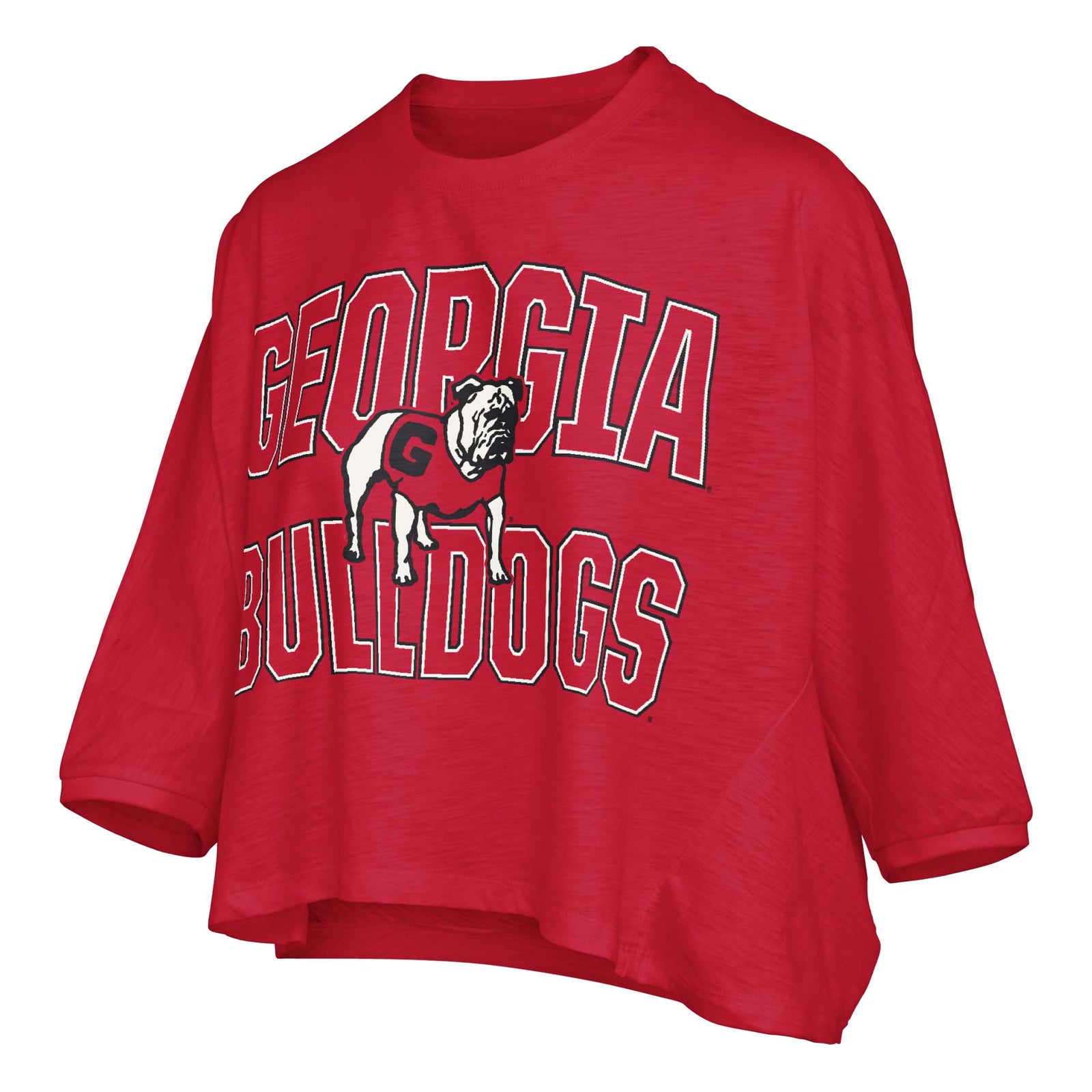Red Georgia Bulldogs oversized top with bold “Georgia Bulldogs” text and large bulldog mascot graphic across the chest, featuring 3/4 sleeves and cropped fit.