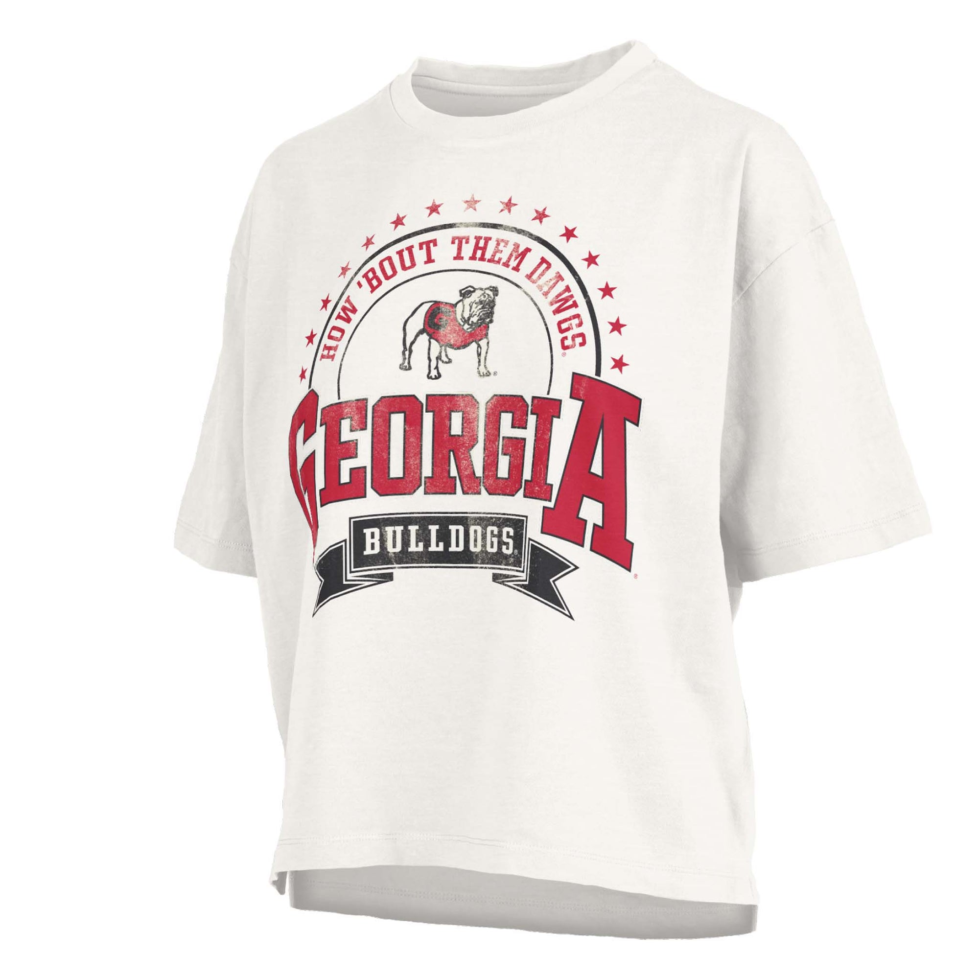 White cropped Georgia Bulldogs t-shirt with bold red “Georgia” lettering, UGA mascot graphic, “How ’Bout Them Dawgs” arch, and Bulldogs banner.