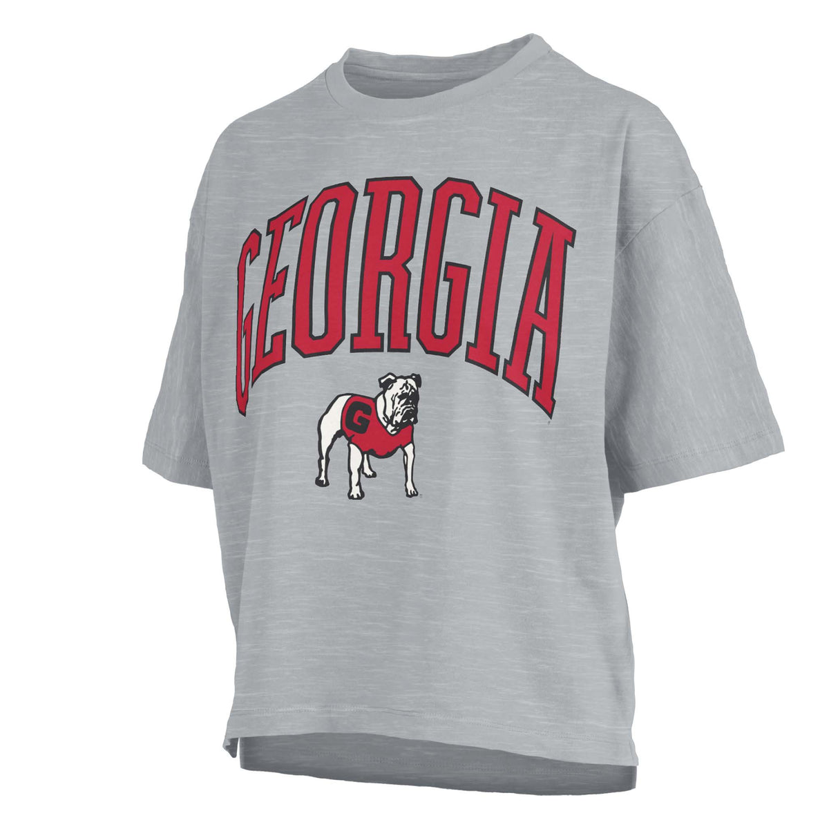 Gray cropped Georgia Bulldogs t-shirt with bold arched red “Georgia” text and UGA bulldog mascot graphic in red jersey on the front.