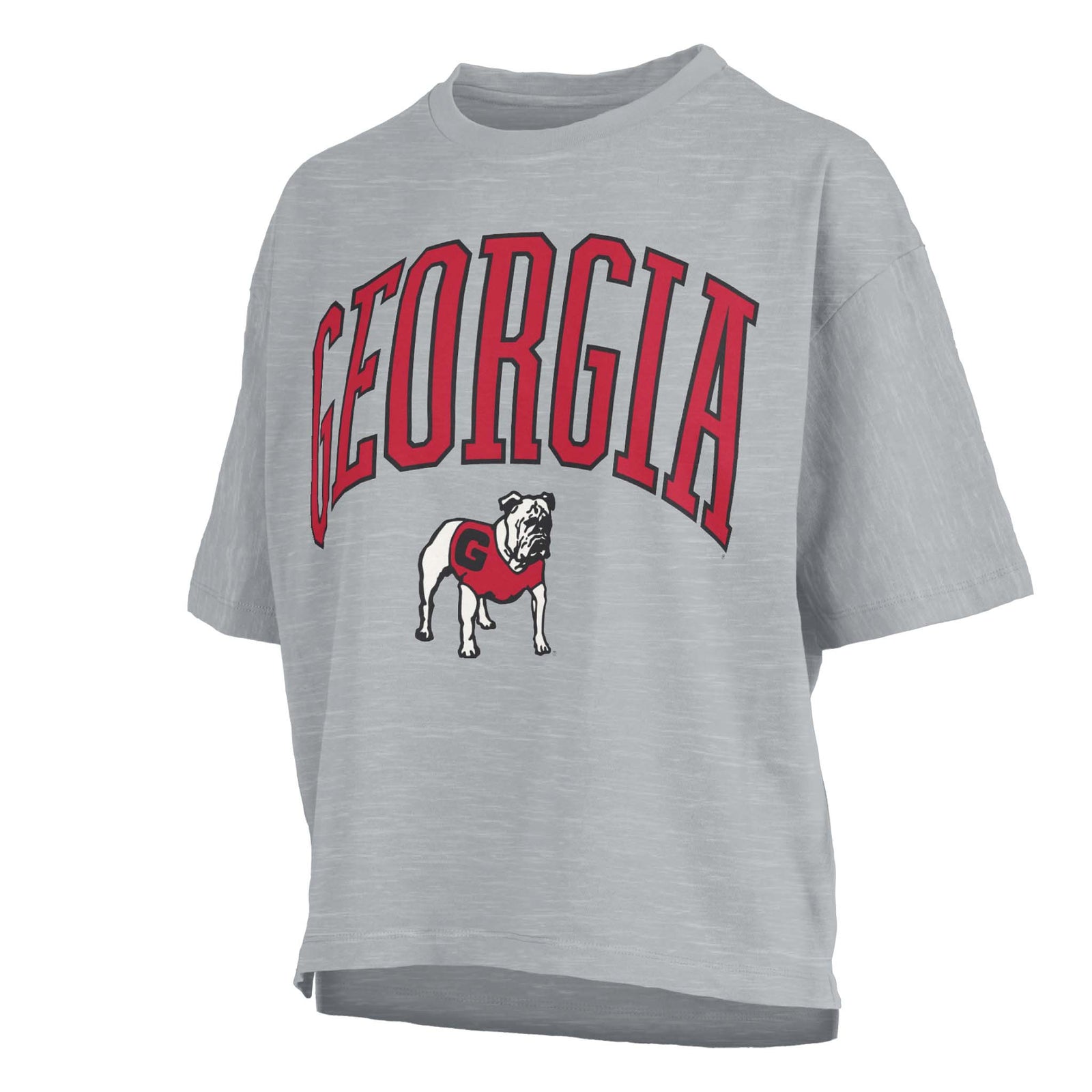 Gray cropped Georgia Bulldogs t-shirt with bold arched red “Georgia” text and UGA bulldog mascot graphic in red jersey on the front.