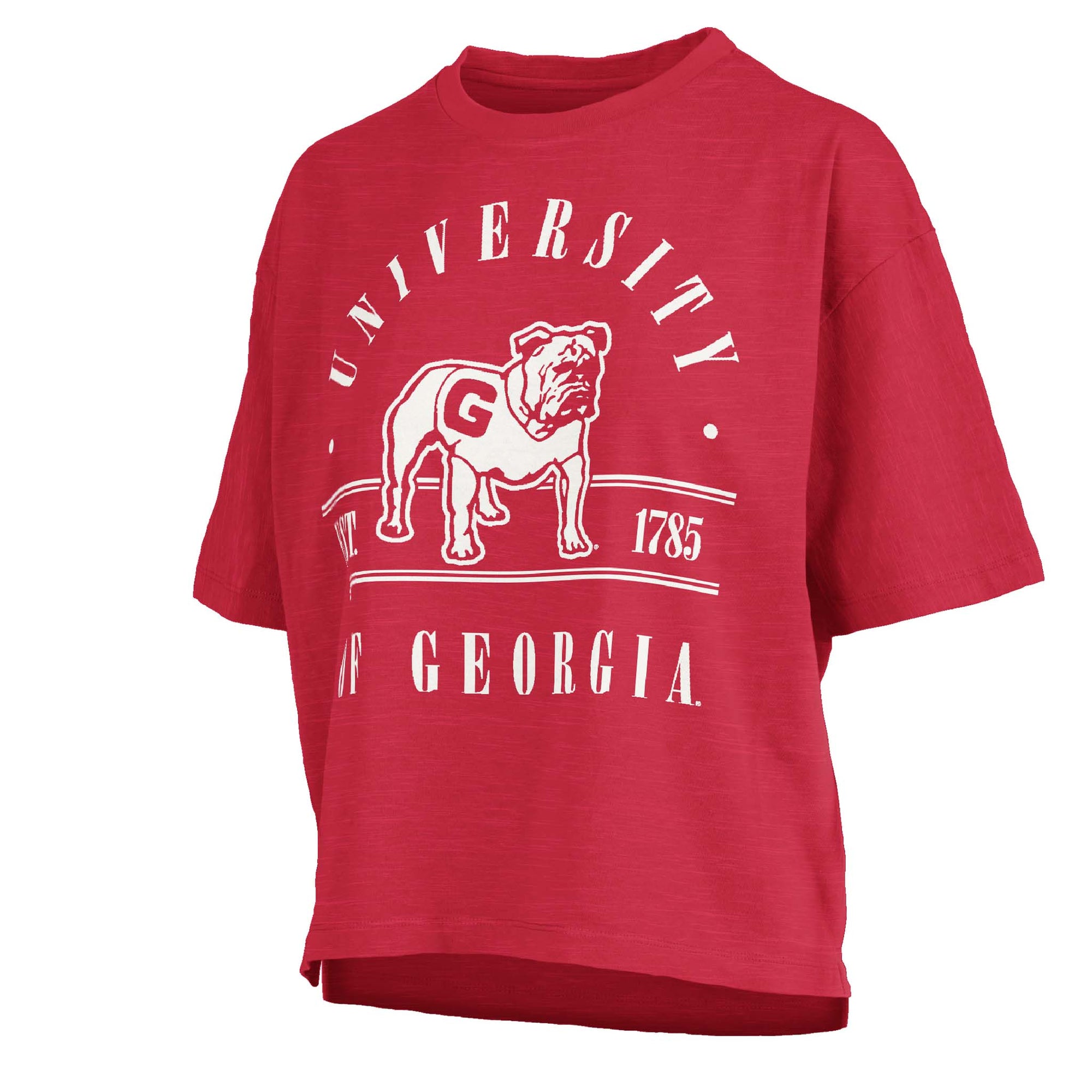 Red cropped University of Georgia Bulldogs t-shirt with bold white text, UGA mascot graphic, and “1785” school founding year printed on the front.
