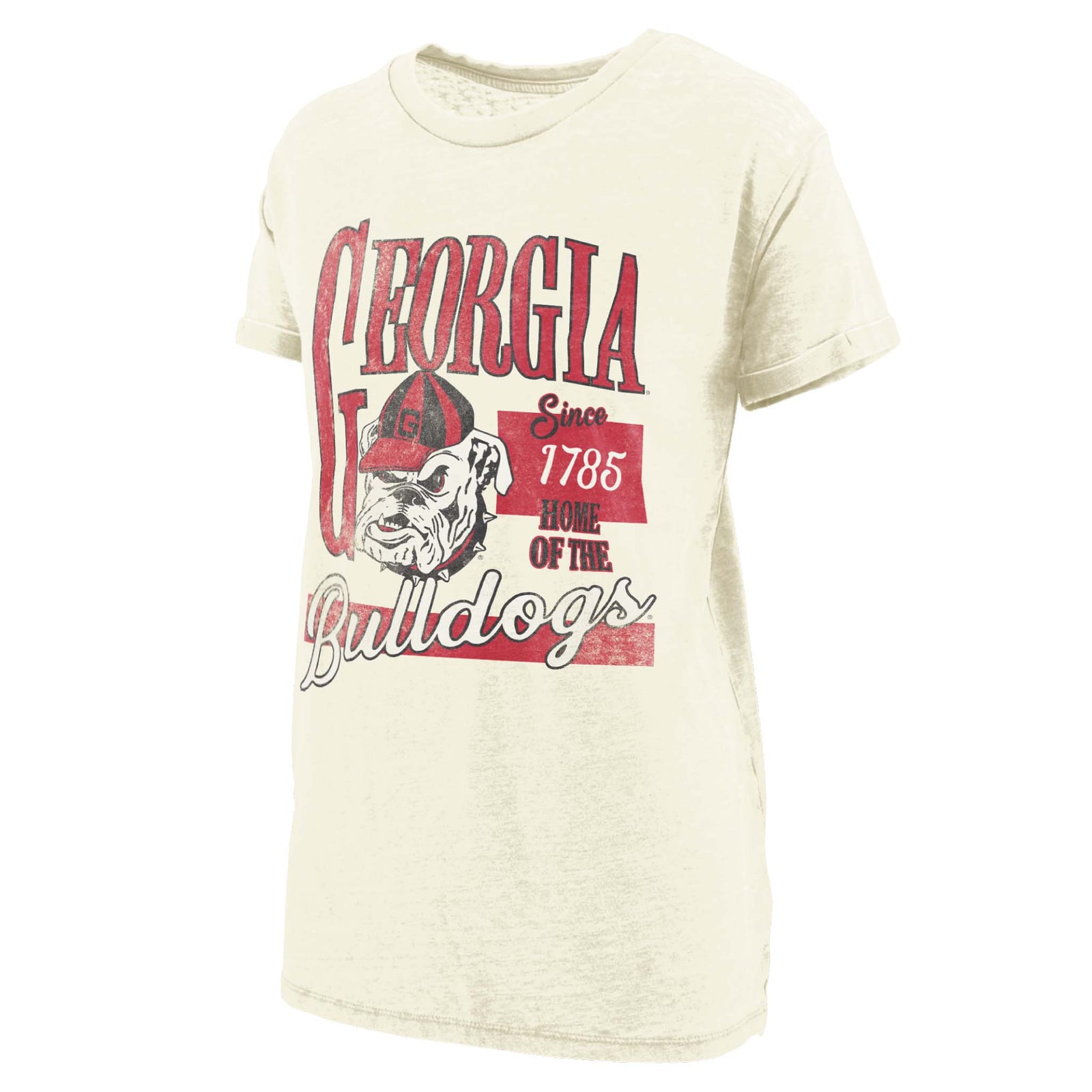 Ivory Georgia Bulldogs t-shirt with vintage UGA mascot in football helmet, bold red “Georgia Bulldogs” text, and “Since 1785 Home of the Bulldogs” design.