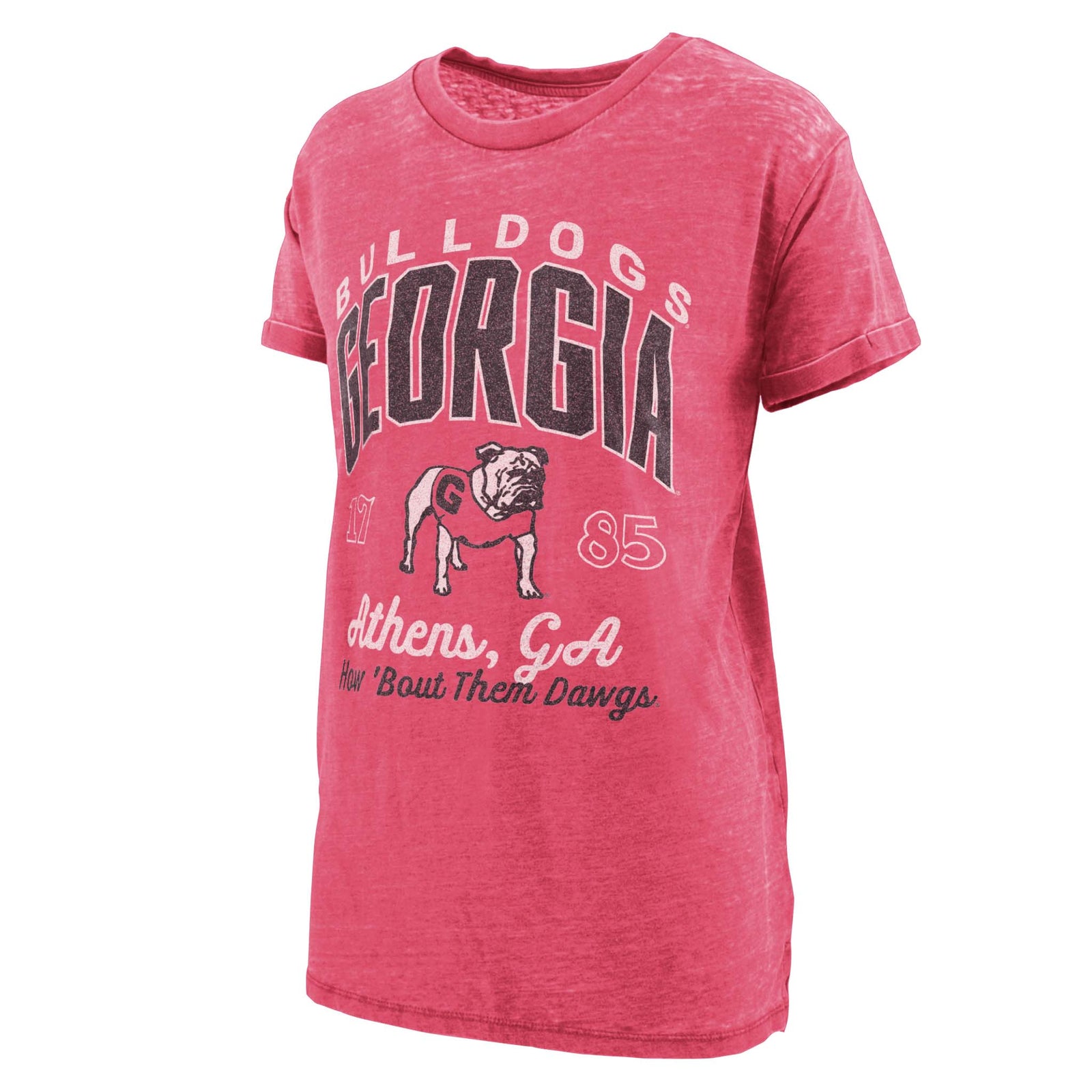 Red Georgia Bulldogs t-shirt with bold arched “Georgia” text, UGA bulldog mascot, and “Athens, GA – How ’Bout Them Dawgs” design on the front.