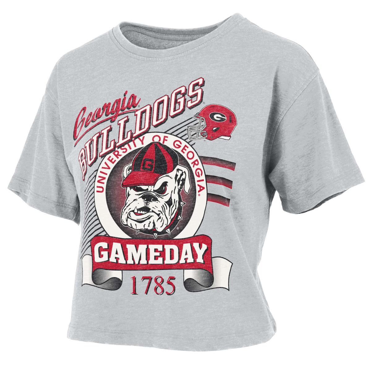 Gray cropped Georgia Bulldogs t-shirt with UGA mascot in helmet, “University of Georgia” text, red football helmet graphic, and “Gameday 1785” banner design.
