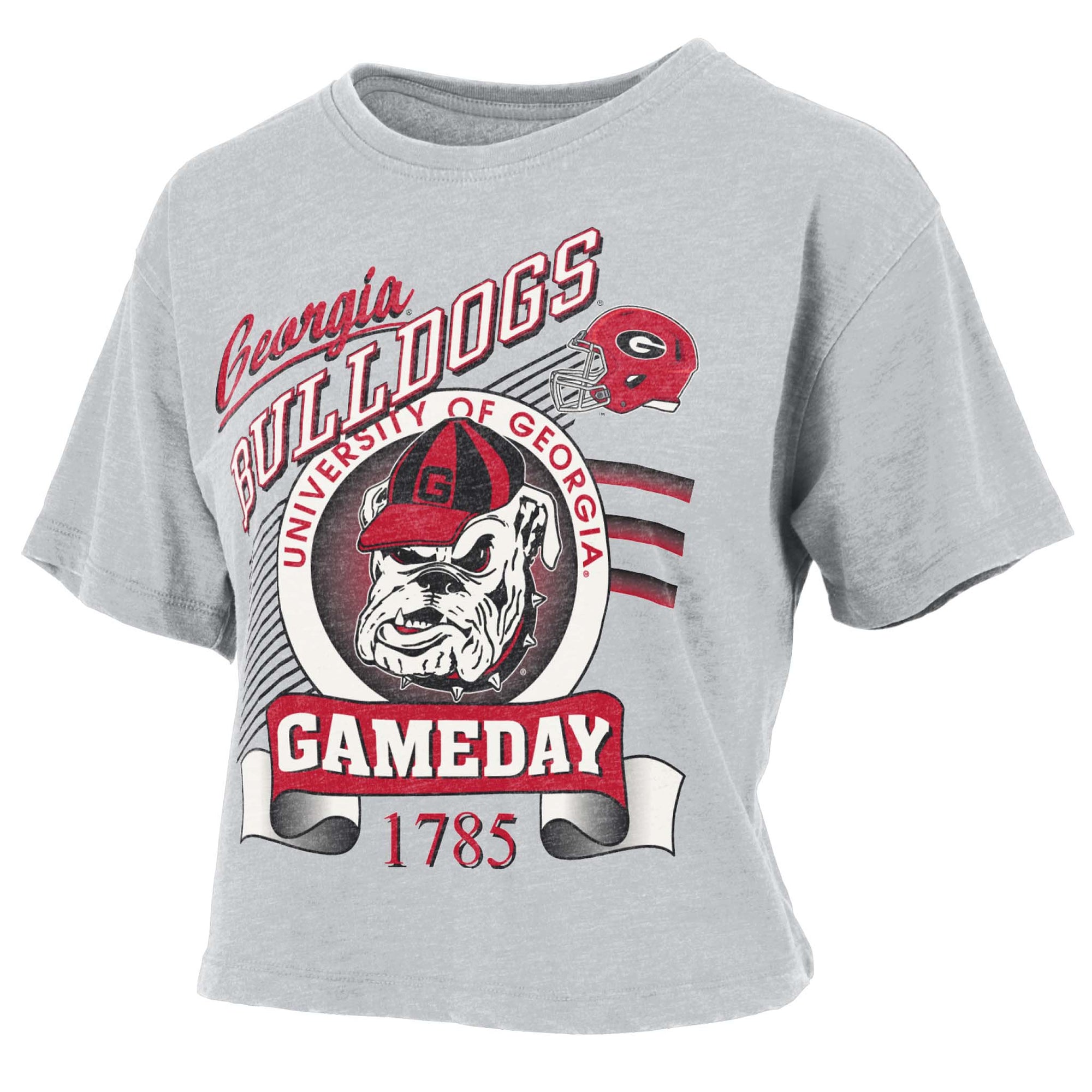 Gray cropped Georgia Bulldogs t-shirt with UGA mascot in helmet, “University of Georgia” text, red football helmet graphic, and “Gameday 1785” banner design.