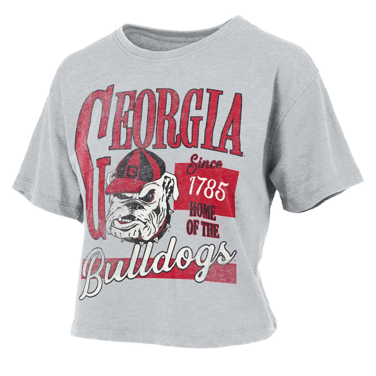 Gray cropped Georgia Bulldogs t-shirt with UGA mascot in helmet, bold red “Georgia” text, and “Since 1785 Home of the Bulldogs” design across the front.

Would you like me to compile all your Georgia Bulldogs tees (ivory, red, gray, cropped, oversized, etc.) into one uniform Shopify-ready set so the descriptions and alt text are fully consistent?