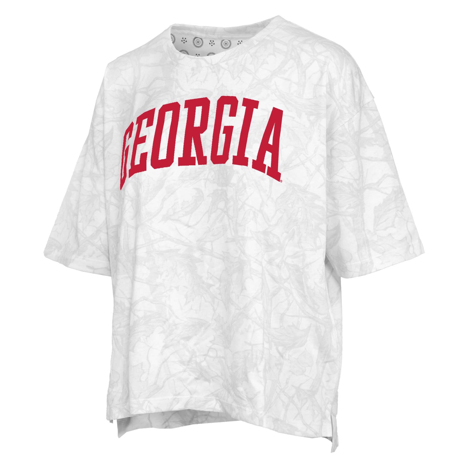 White and light grey camo oversized t-shirt with 'Georgia' printed in red shown on a white background