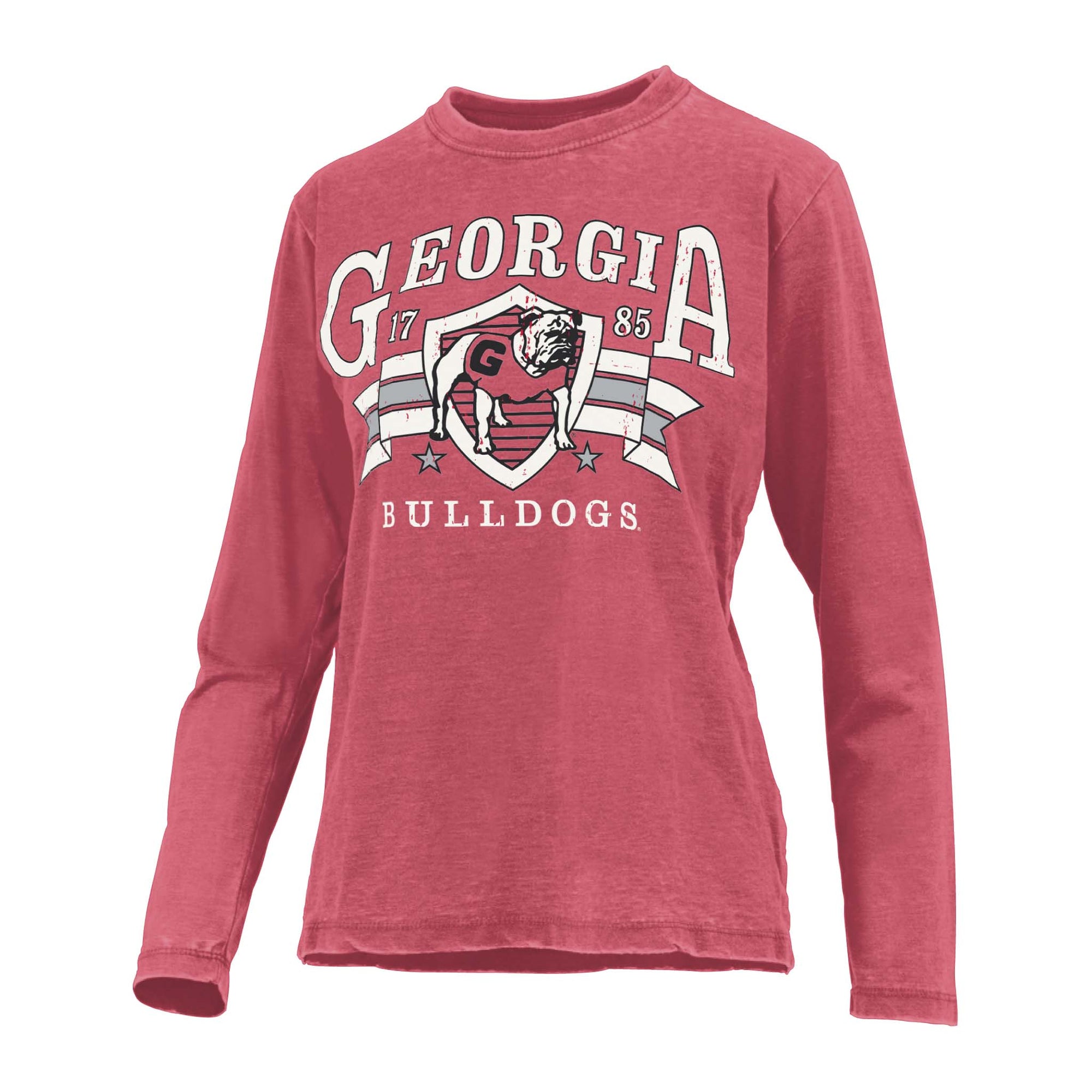 Red Georgia Bulldogs long sleeve t-shirt with shield graphic, UGA bulldog mascot, bold “Georgia Bulldogs” text, and “1785” founding year printed on the front.