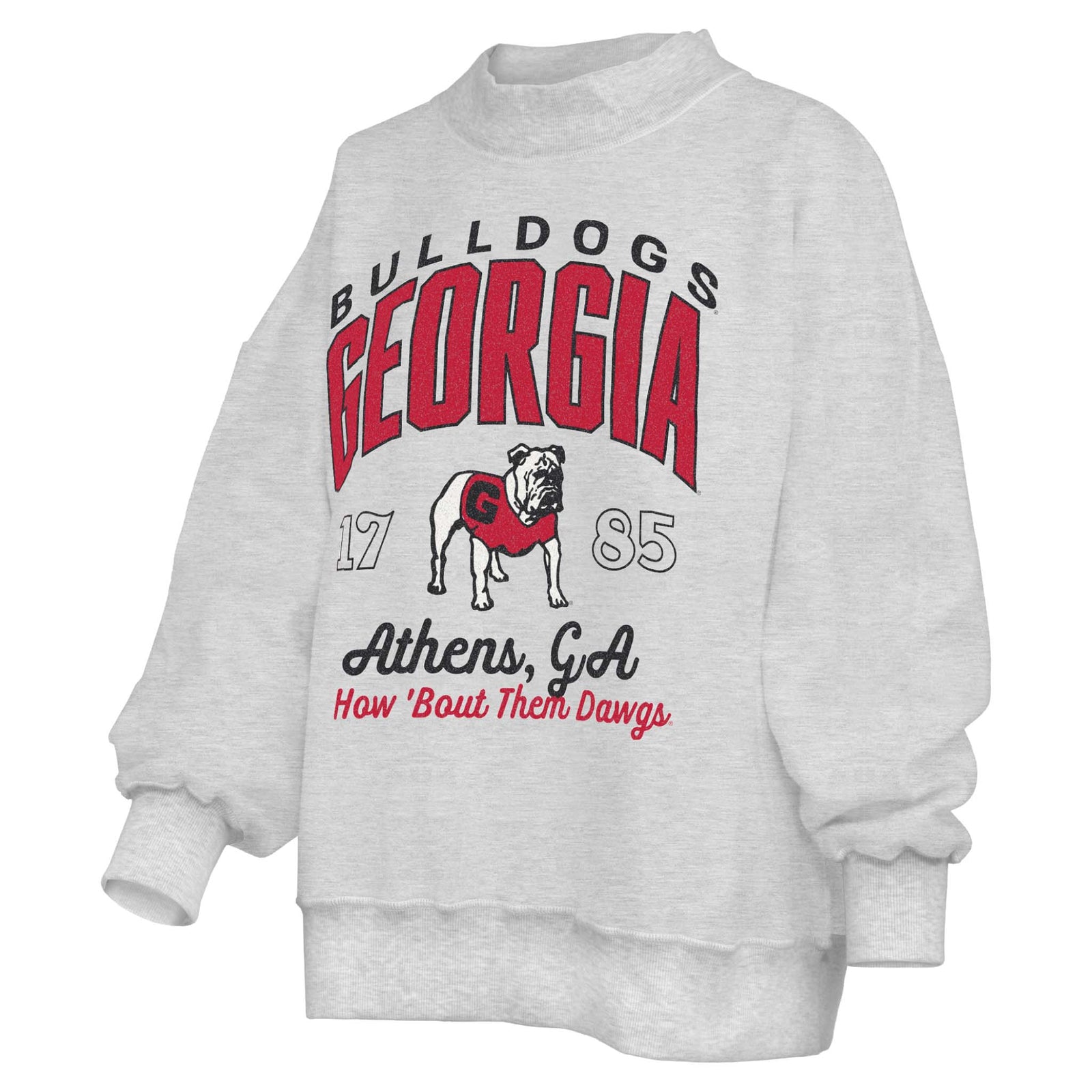 Gray sweatshirt with 'Georgia Bulldogs' text and bulldog graphic on a white background