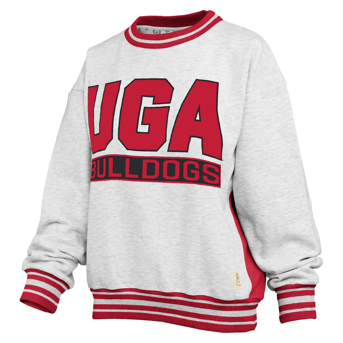 Heather gray Georgia Bulldogs crewneck sweatshirt with bold red “UGA Bulldogs” text and red striped trim.