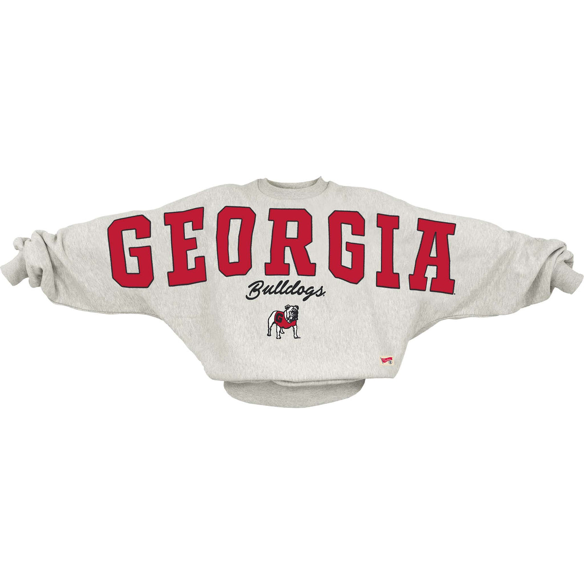 Oversized Georgia Bulldogs one-size sweatshirt with large red “GEORGIA” text, Bulldogs script, and mascot graphic on the front.