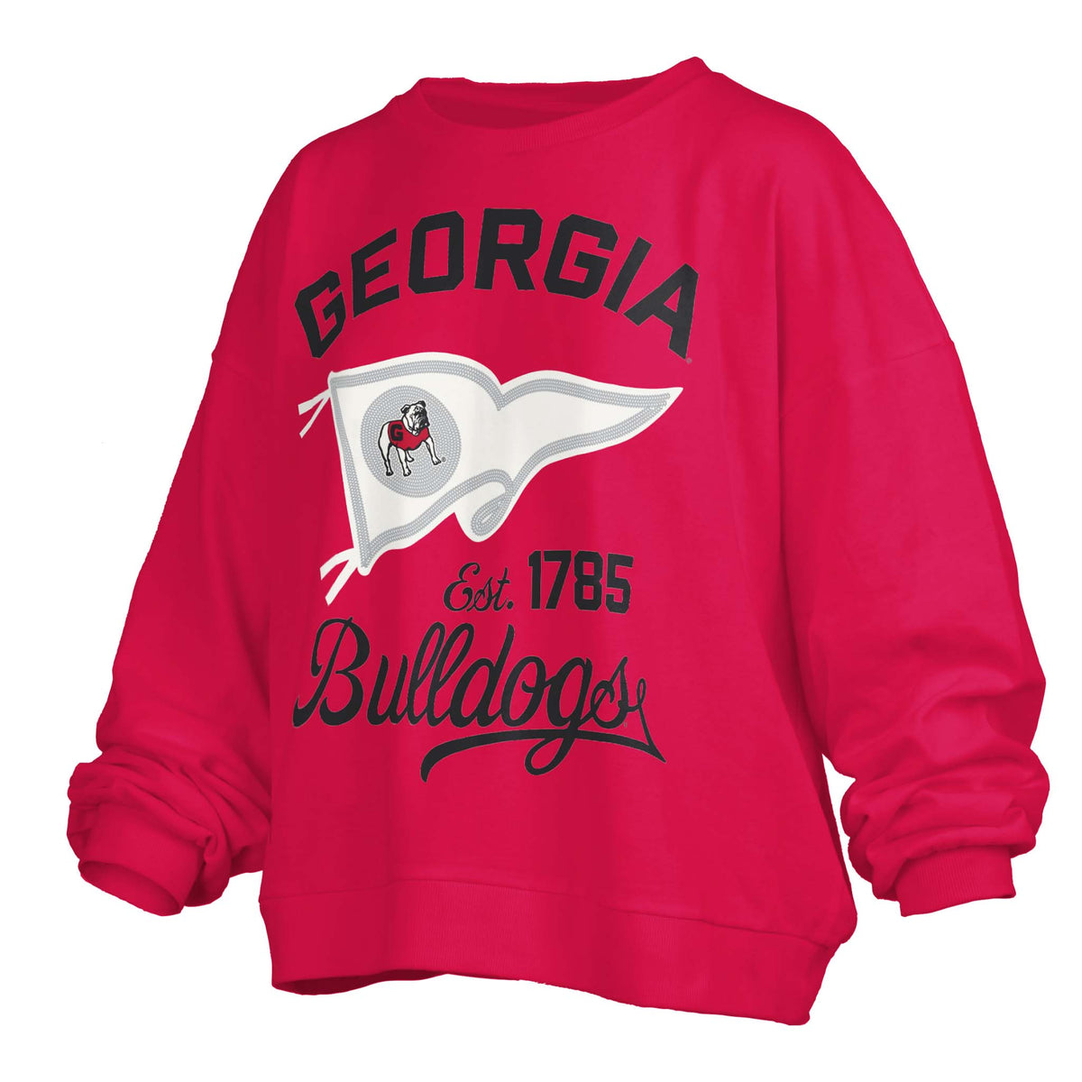 Red Georgia Bulldogs crewneck sweatshirt with white pennant and “Georgia Bulldogs Est. 1785” text.