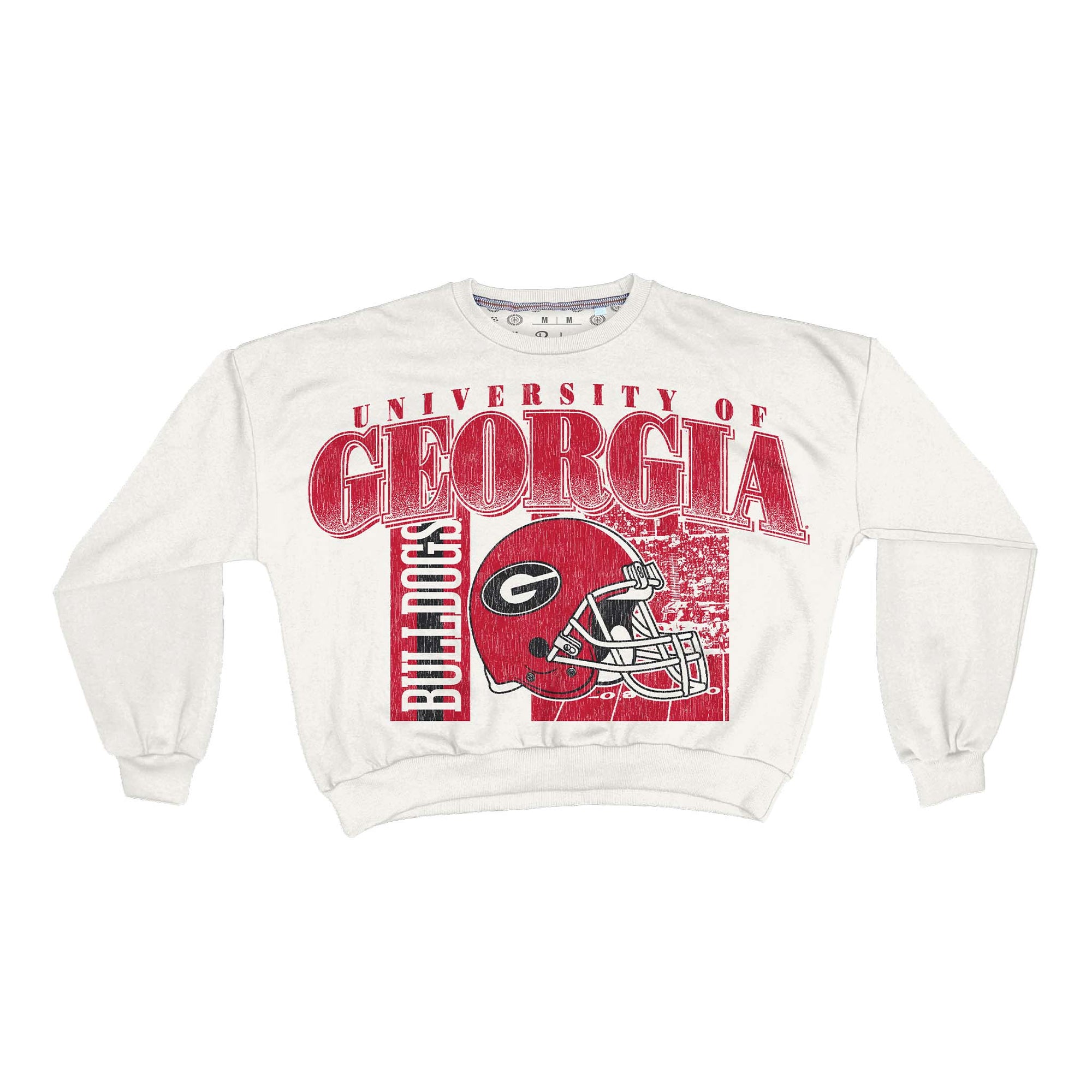 Front view of white Georgia Bulldogs sweatshirt with bold red “University of Georgia” text, helmet graphic, and “Bulldogs” lettering.