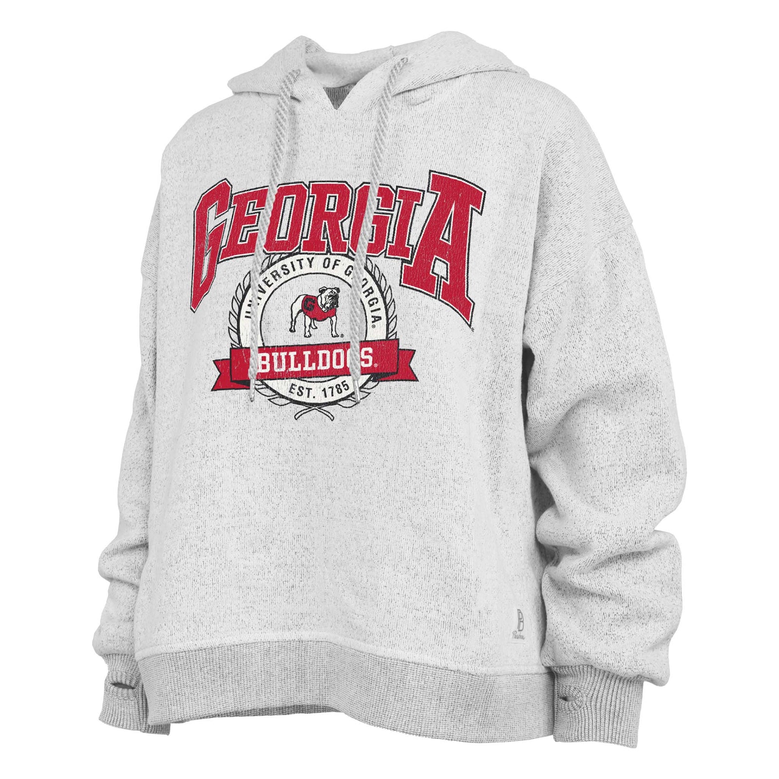 Georgia Bulldogs oatmeal heather hoodie with arched “GEORGIA” text, bulldog mascot crest, “Bulldogs” banner, and drawstring hood.