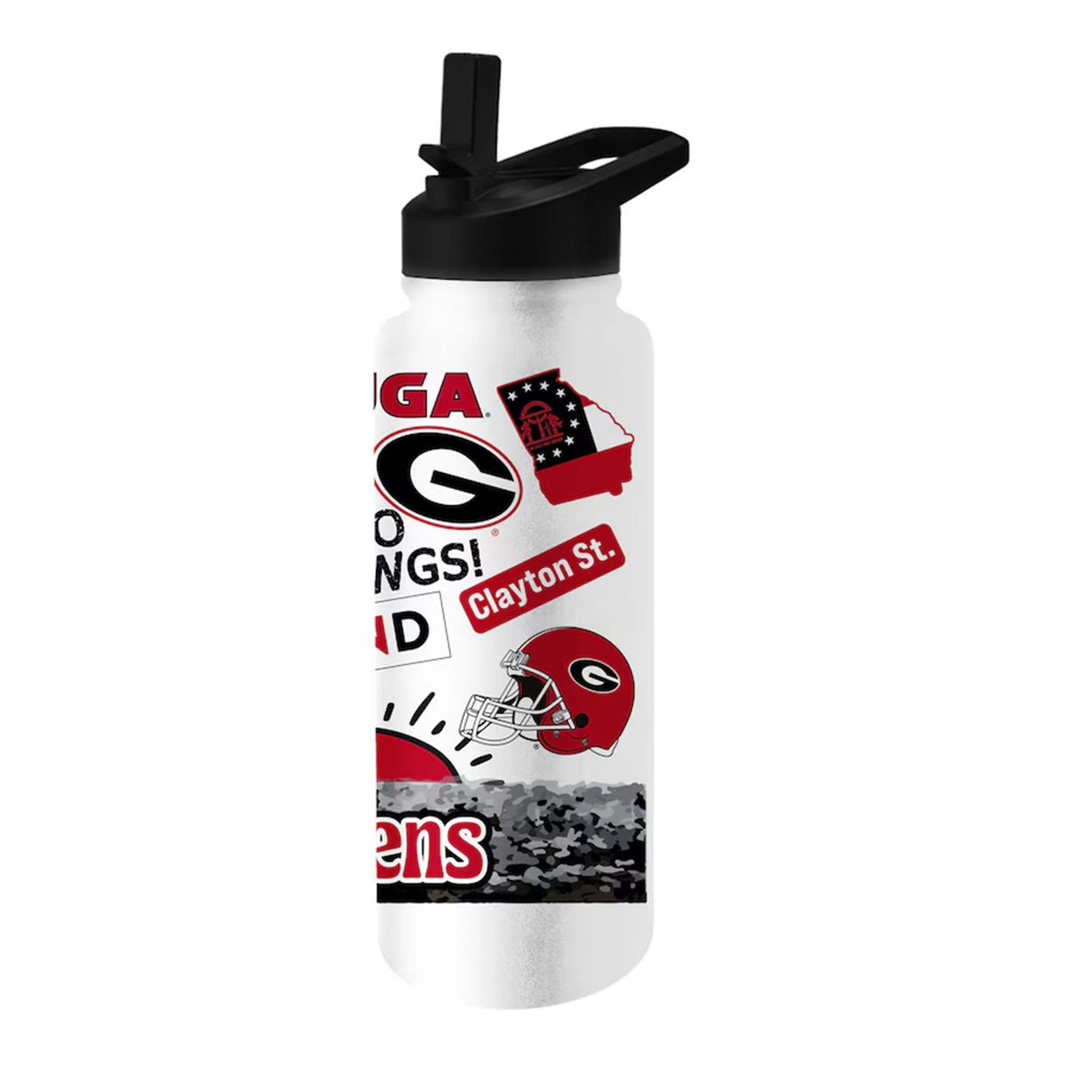 White water bottle with Georgia Bulldogs-themed design on a white background