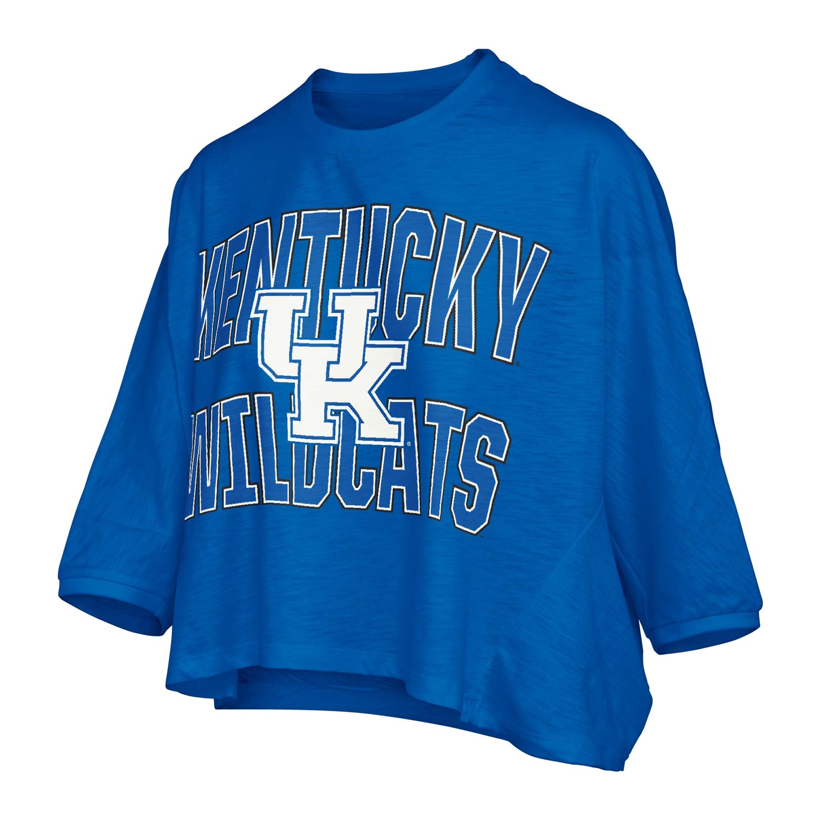 Royal blue oversized crop tee with “Kentucky Wildcats” arched text and large UK logo in the center, featuring wide 3/4 sleeves and a relaxed fit.