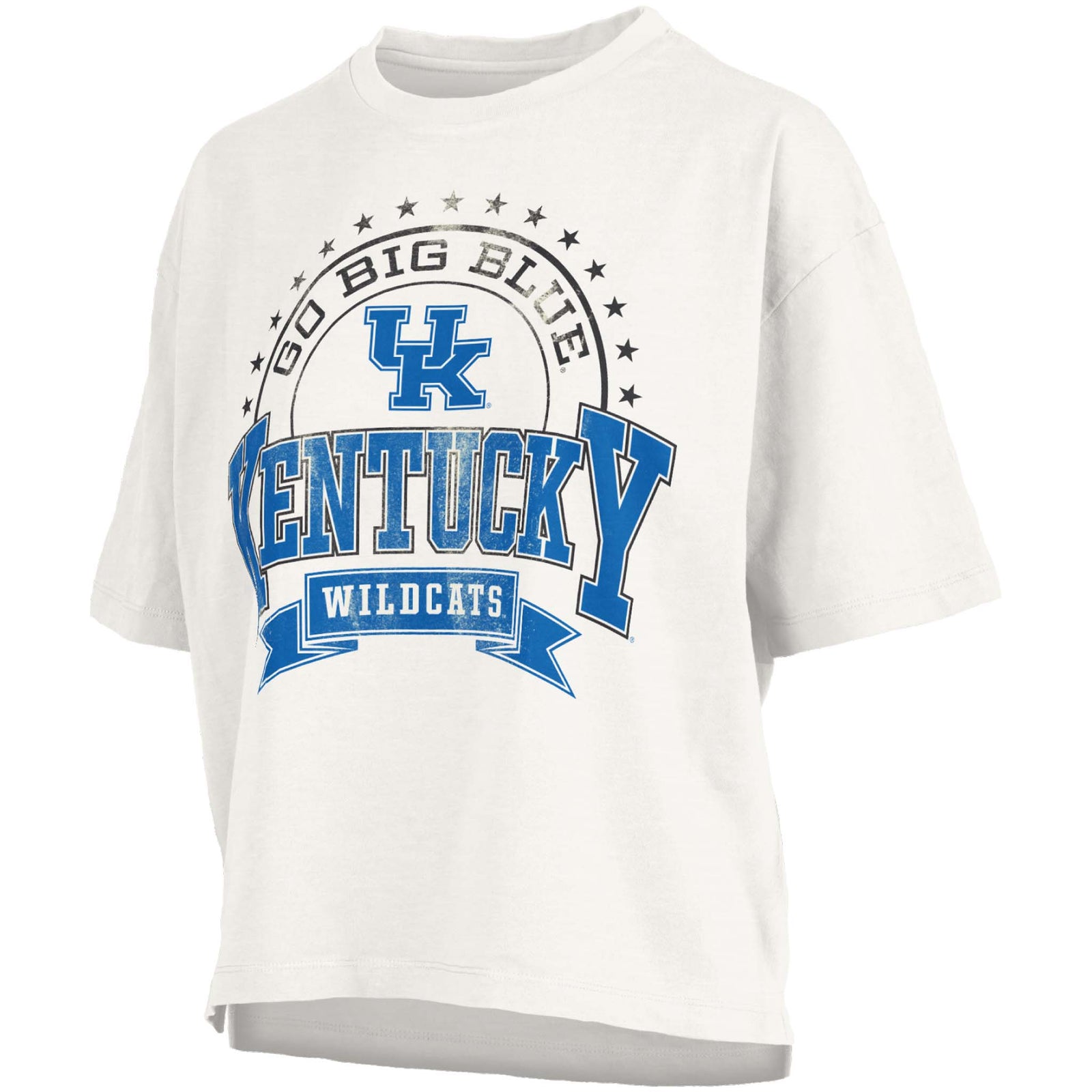 White Kentucky Wildcats t-shirt with bold “Kentucky Wildcats” text, blue UK logo, and “Go Big Blue” arch design with stars.