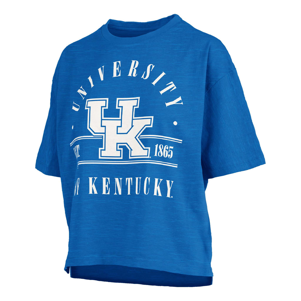 Royal blue boxy t-shirt with large UK logo, “University of Kentucky” and “Est. 1865” printed in bold white collegiate-style lettering.
