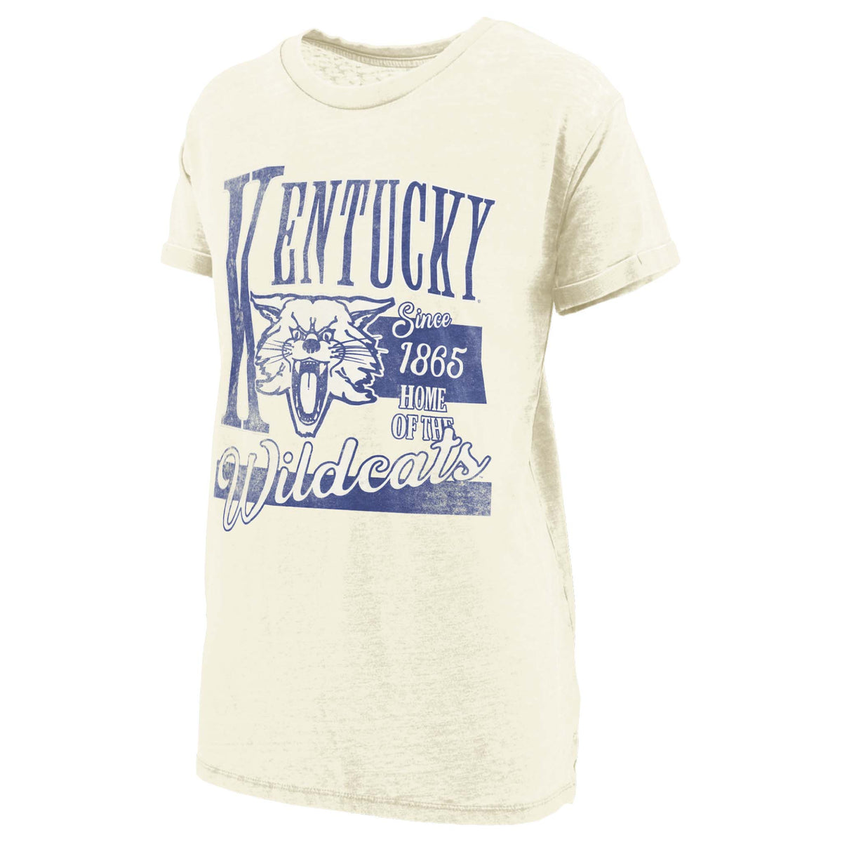 Ivory short sleeve t-shirt with distressed blue “Kentucky” text, Wildcat mascot graphic, and “Since 1865 Home of the Wildcats” on the front.