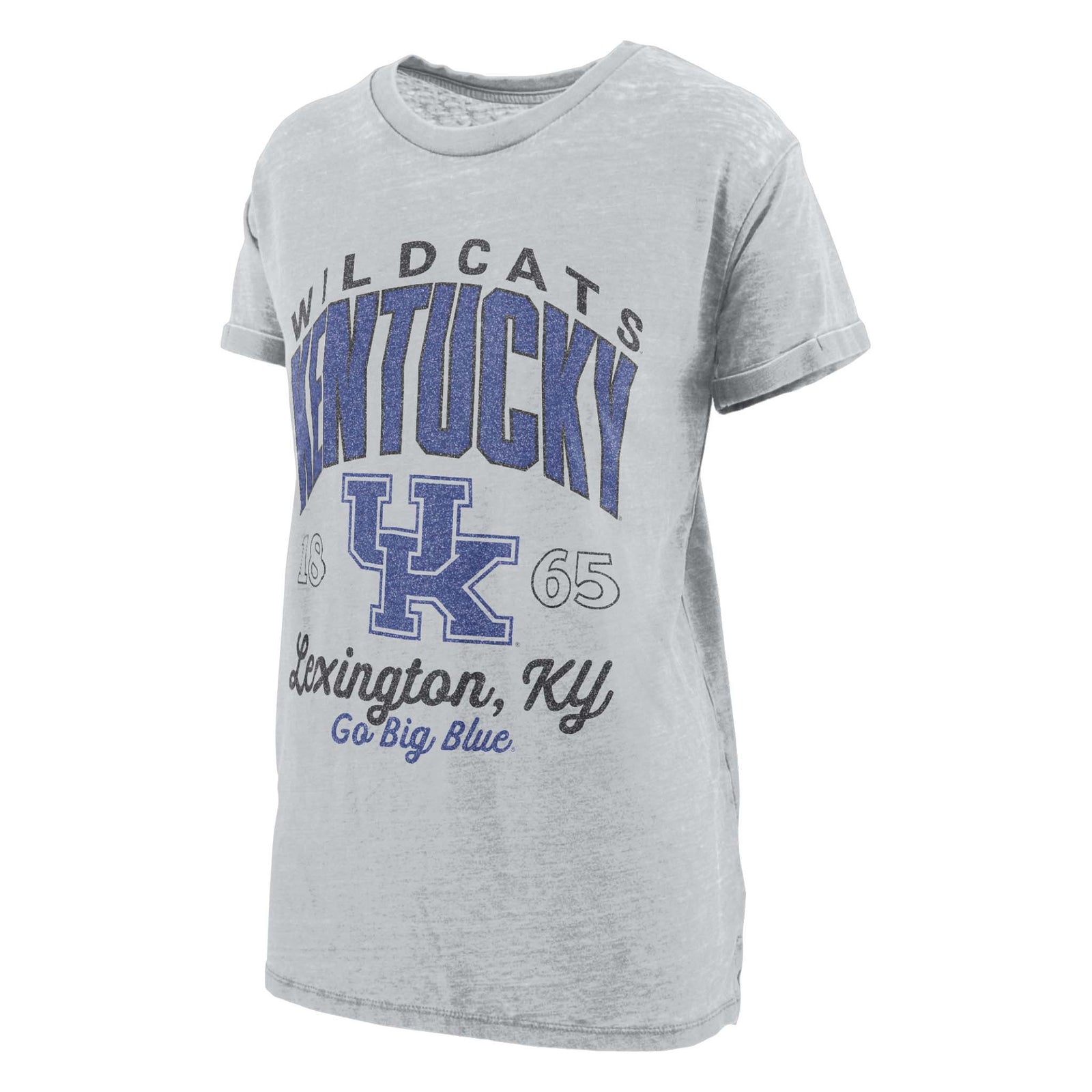 Kentucky Wildcats women’s heather grey t-shirt with bold “Kentucky Wildcats” graphic, UK logo, and “Lexington, KY Go Big Blue” text on front.
