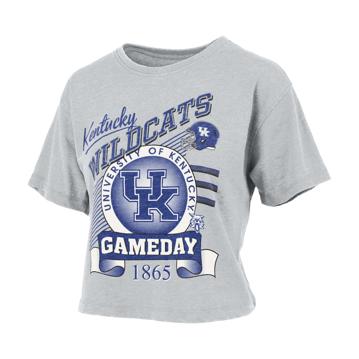 Heather gray cropped tee with “Kentucky Wildcats” and “Gameday 1865” text, featuring the UK logo, football helmet, and wildcat graphics.