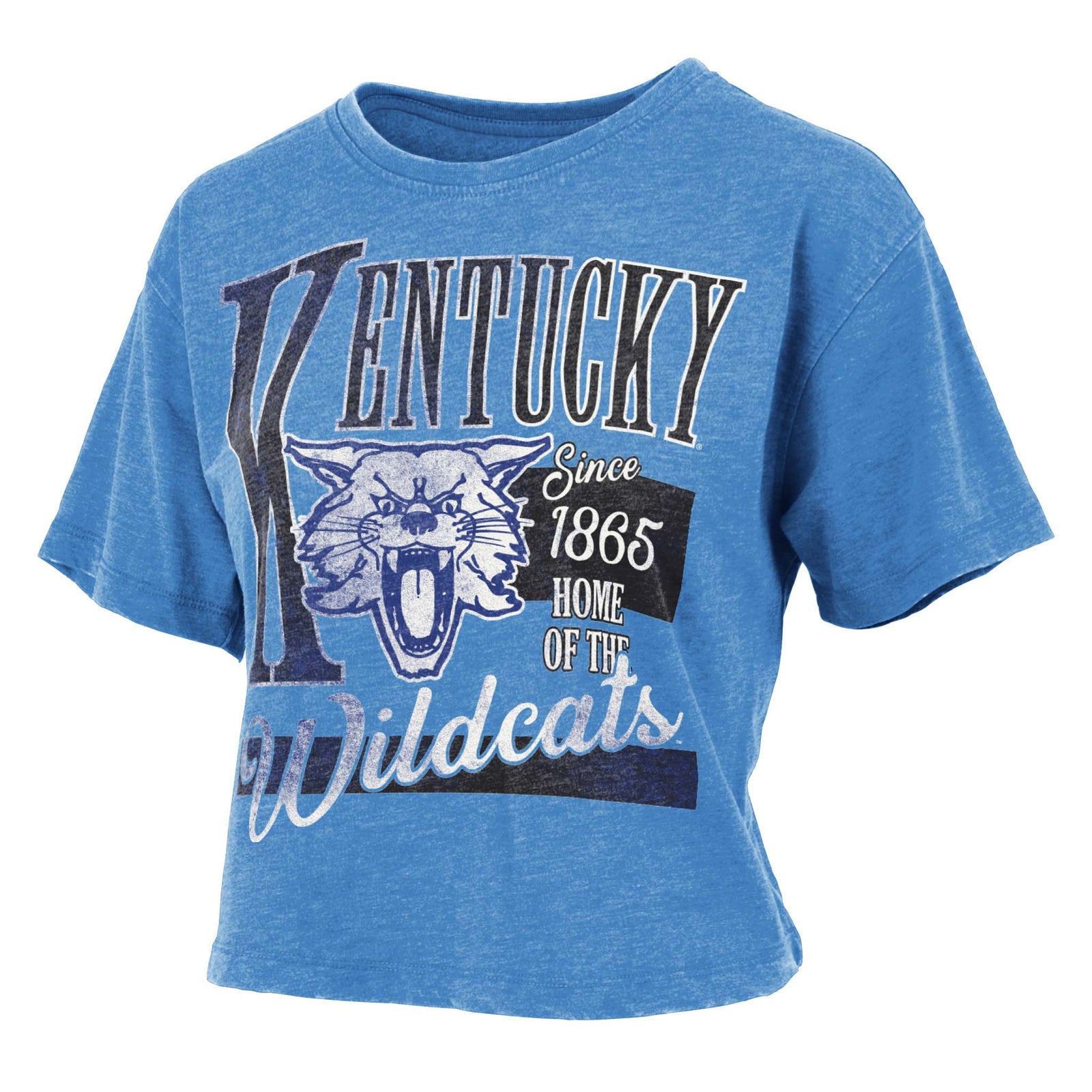 Royal blue cropped Kentucky Wildcats t-shirt with Wildcat mascot graphic, oversized “Kentucky” text, and “Since 1865 Home of the Wildcats” design.