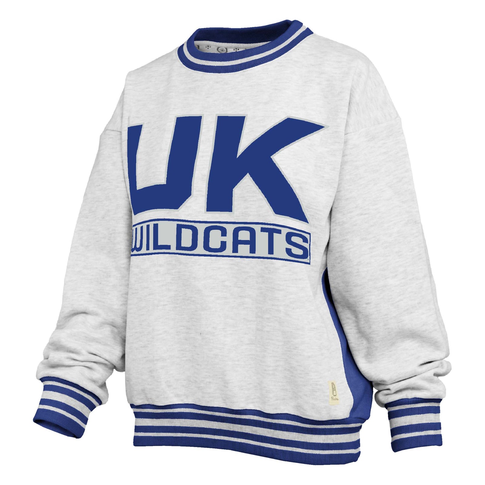 Grey Kentucky Wildcats crewneck sweatshirt with oversized royal blue “UK” and “Wildcats” text, striped ribbed cuffs, collar, and hem.