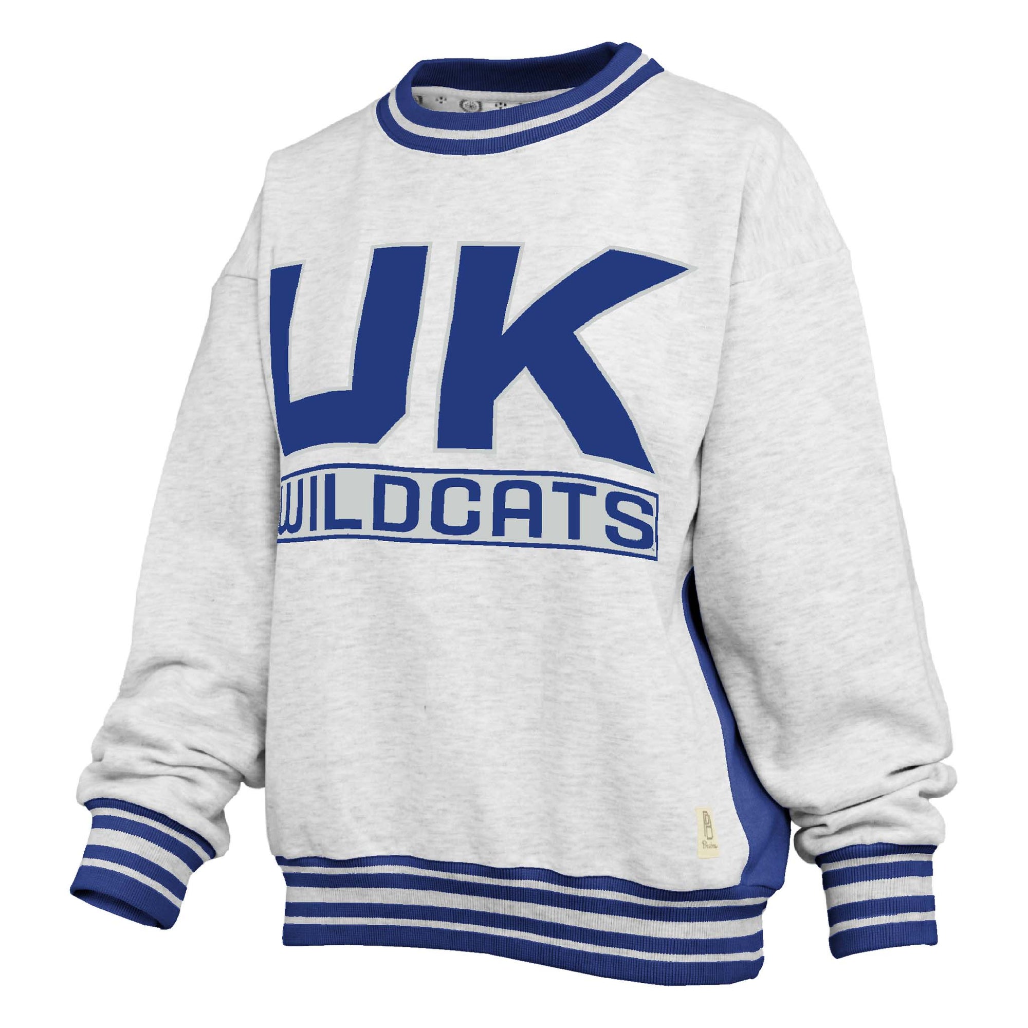 Grey Kentucky Wildcats crewneck sweatshirt with oversized royal blue “UK” and “Wildcats” text, striped ribbed cuffs, collar, and hem.