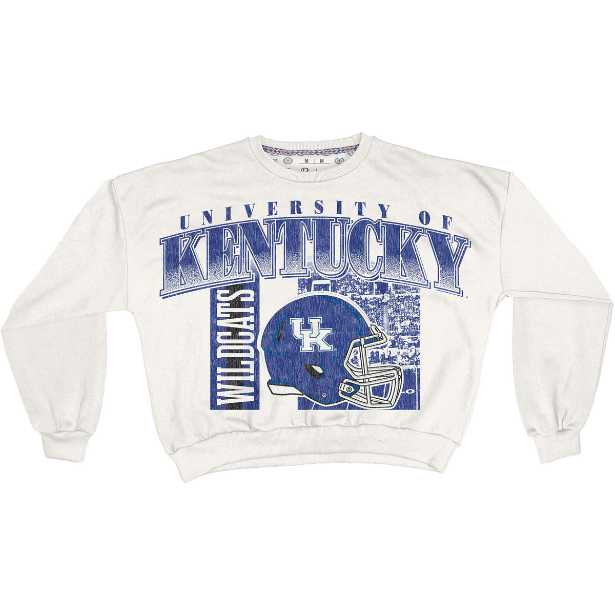 University of Kentucky Wildcats white sweatshirt with blue helmet graphic and bold Kentucky lettering across the chest.