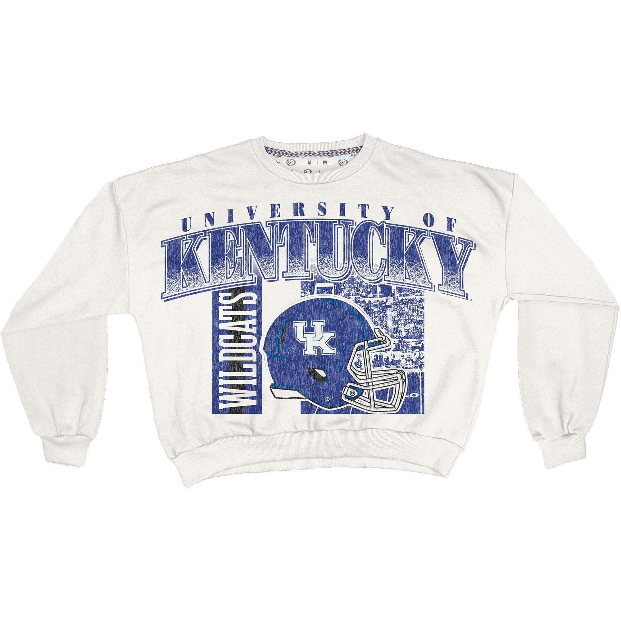 University of Kentucky Wildcats white sweatshirt with blue helmet graphic and bold Kentucky lettering across the chest.