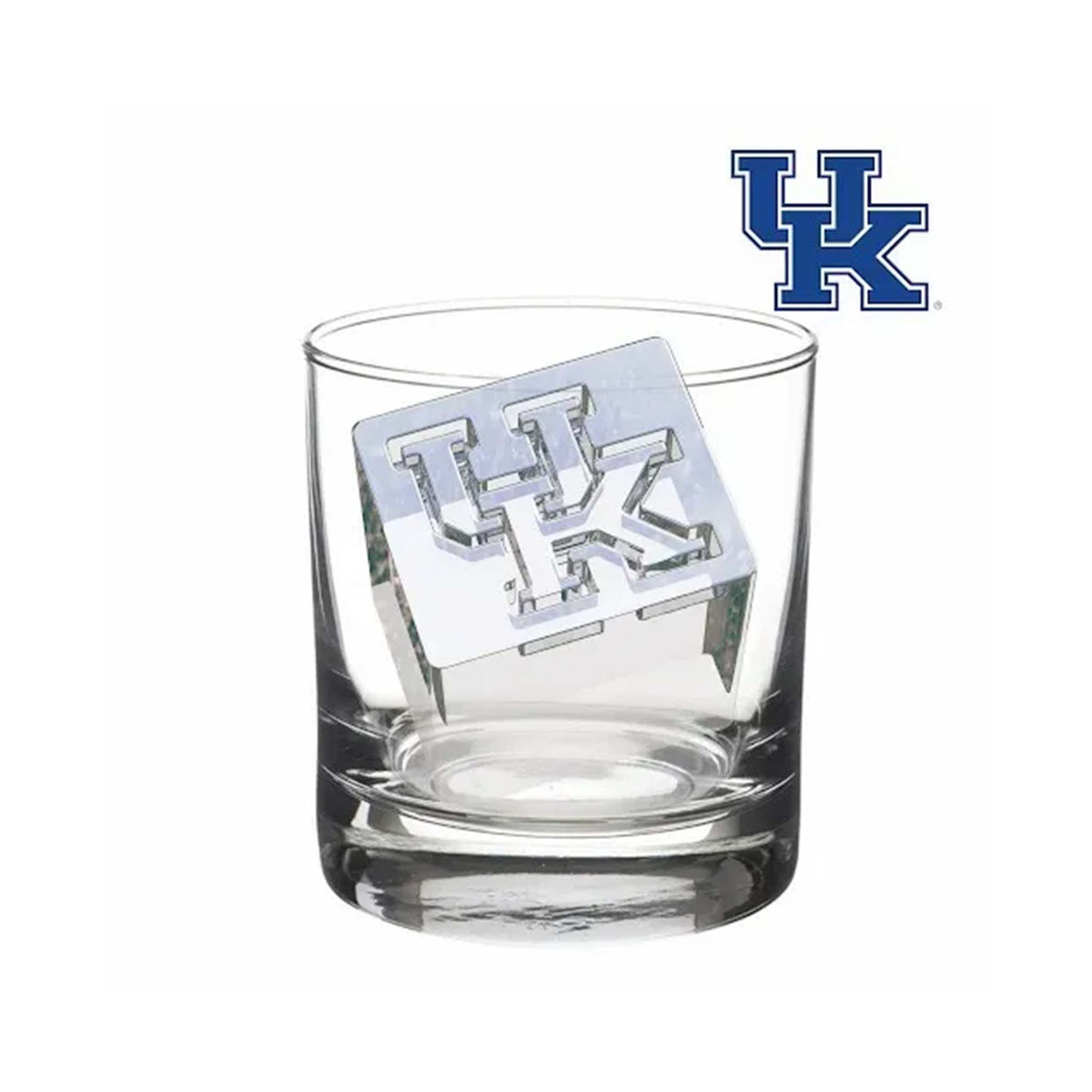 Clear glass with UK-shaped ice cube inside, team logo in corner