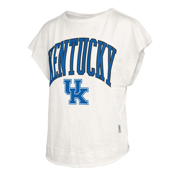 Kentucky Open Back Slub Short Sleeve Top in ivory with collegiate font Kentucky in blue on the front.