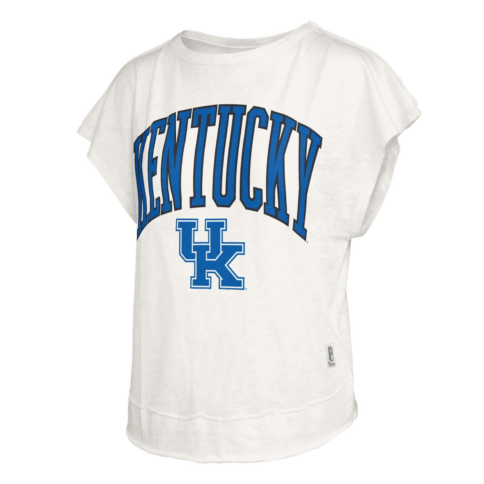 Kentucky Open Back Slub Short Sleeve Top in ivory with collegiate font Kentucky in blue on the front.