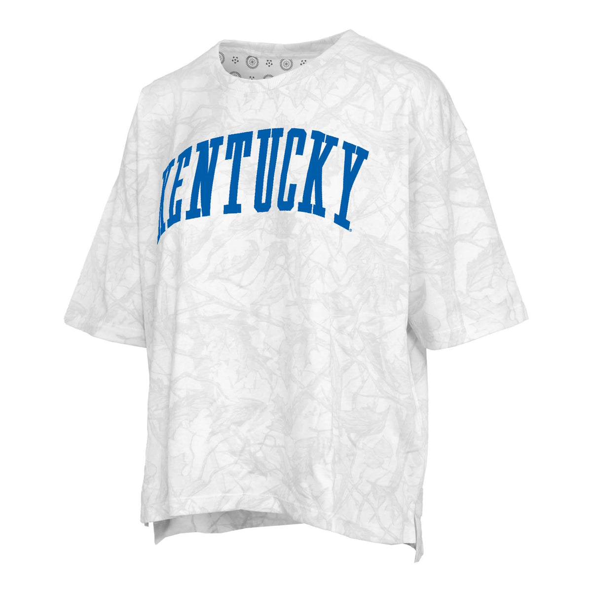 white and light grey camo oversized short sleeve t-shirt with 'Kentucky' printed in blue shown on a white background