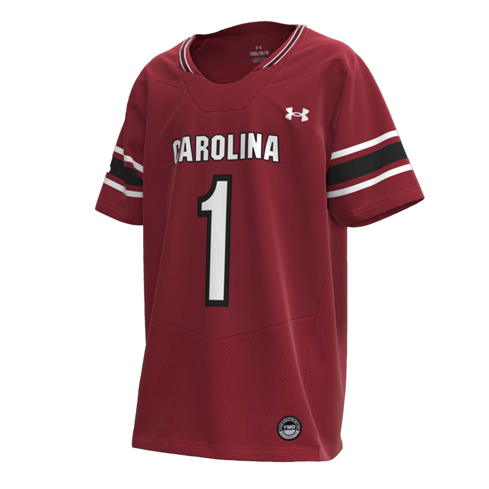 Front view of USC Gamecocks replica football jersey in maroon with "CAROLINA" across chest and number 1.