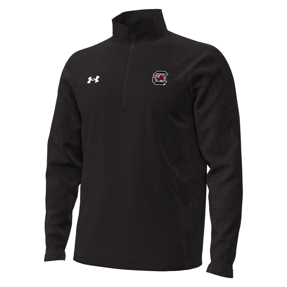 Black Under Armour quarter-zip pullover with embroidered South Carolina Gamecocks logo on left chest and white Under Armour logo on right chest.