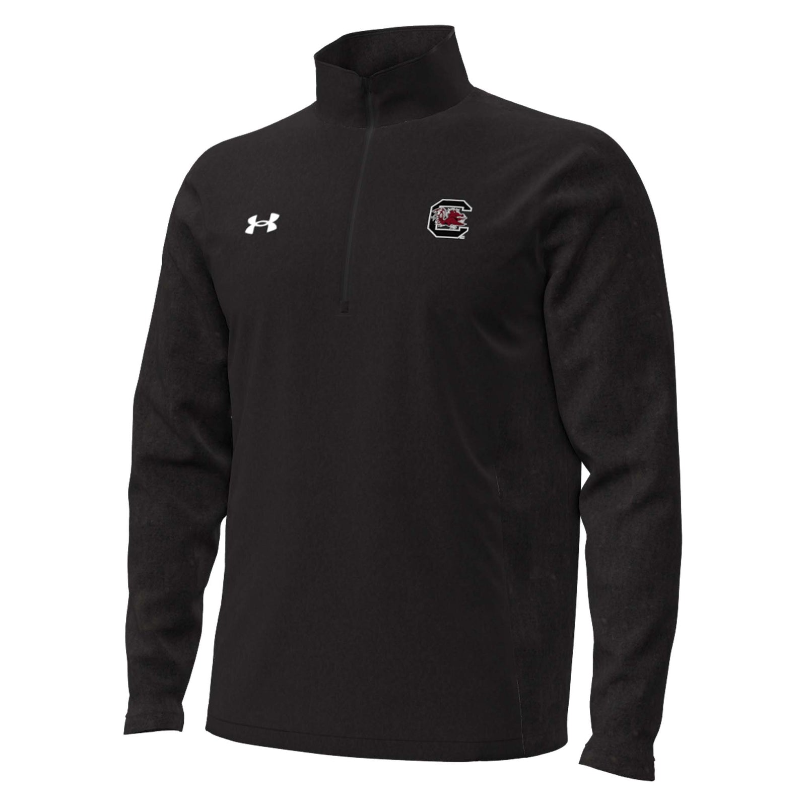 Black Under Armour quarter-zip pullover with embroidered South Carolina Gamecocks logo on left chest and white Under Armour logo on right chest.