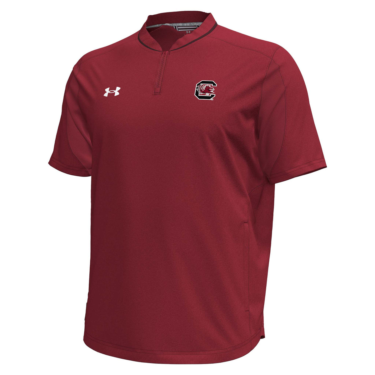 Garnet Under Armour short-sleeve quarter-zip pullover with embroidered South Carolina Gamecocks logo on left chest and white Under Armour logo on right chest.